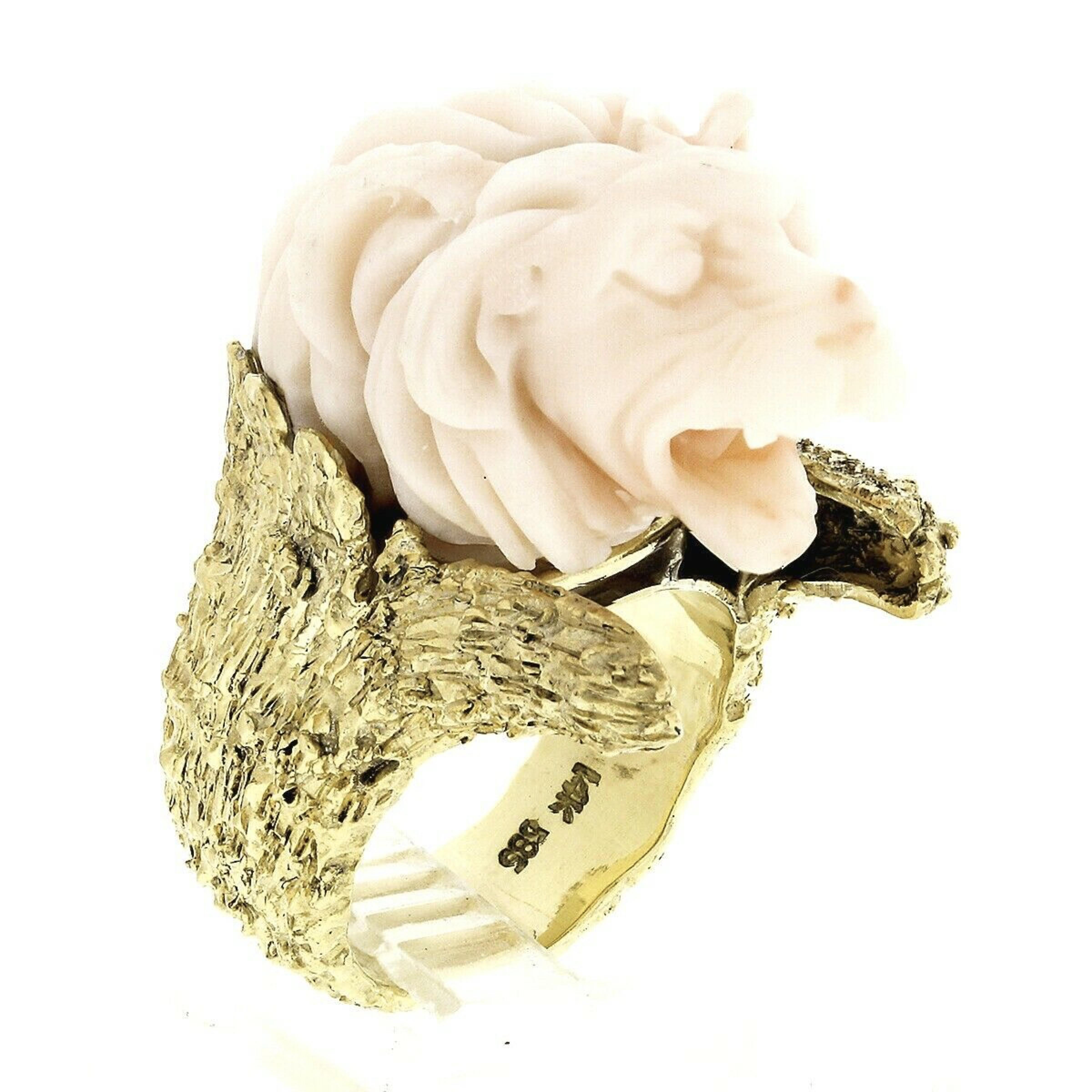 Vintage 14k Gold LARGE Hand Carved Lion's Head Soft Pink Angel Skin Coral Ring For Sale 3