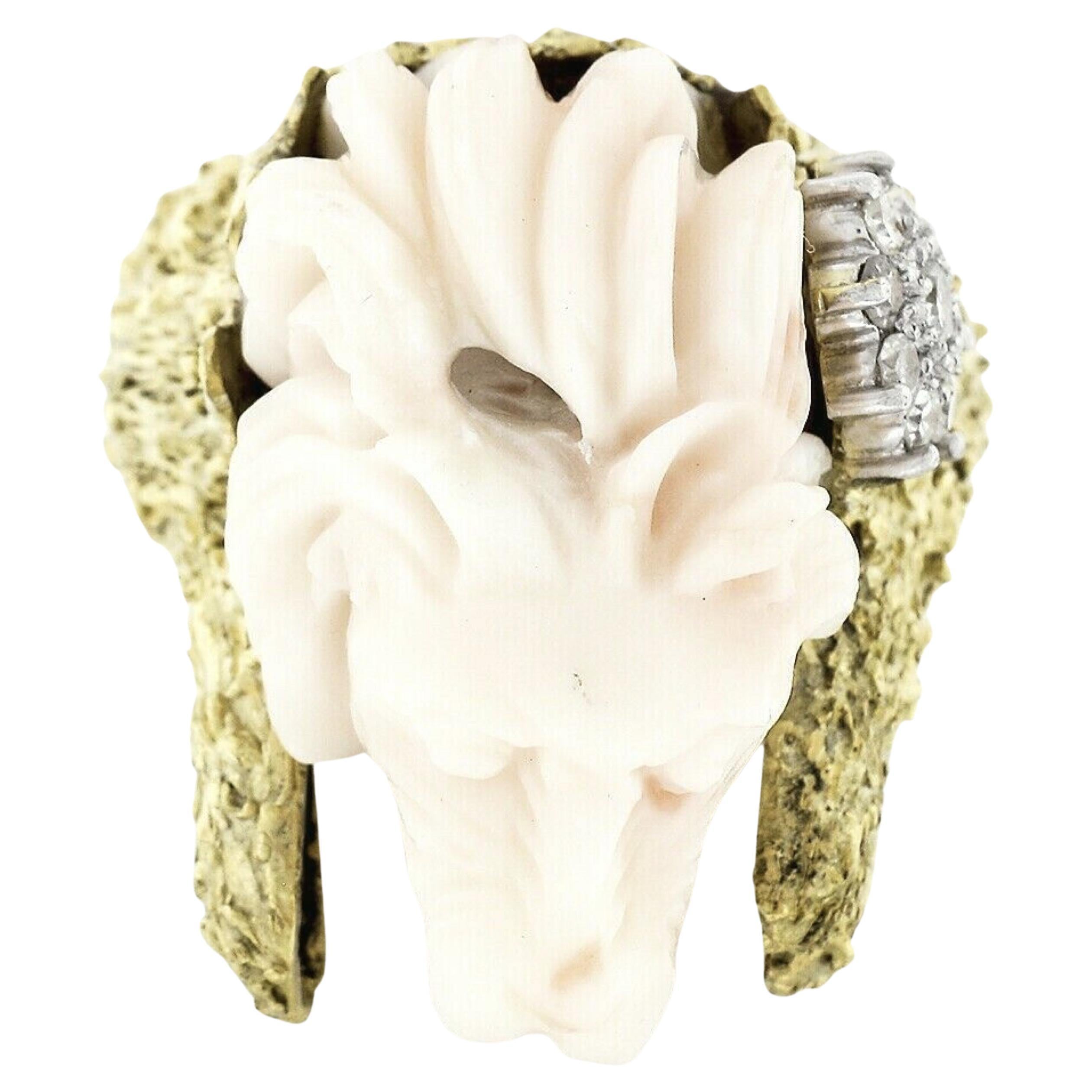 Vintage 14k Gold LARGE Hand Carved Lion's Head Soft Pink Angel Skin Coral Ring For Sale