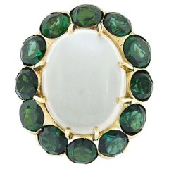 Vintage 14k Gold Large Oval Moonstone Solitaire Round Green Tourmaline Halo Ring