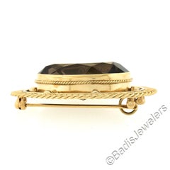 Vintage 14K Gold Large Oval Smoky Quartz Wire Bead Work Frame Pin Brooch Pendant