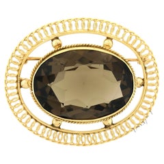 Vintage 14K Gold Large Oval Smoky Quartz Wire Bead Work Frame Pin Brooch Pendant