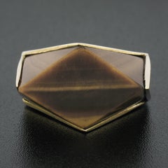 Vintage 14K Gold Large Polished Custom Cut Tiger's Eye Solitaire Geometric Ring