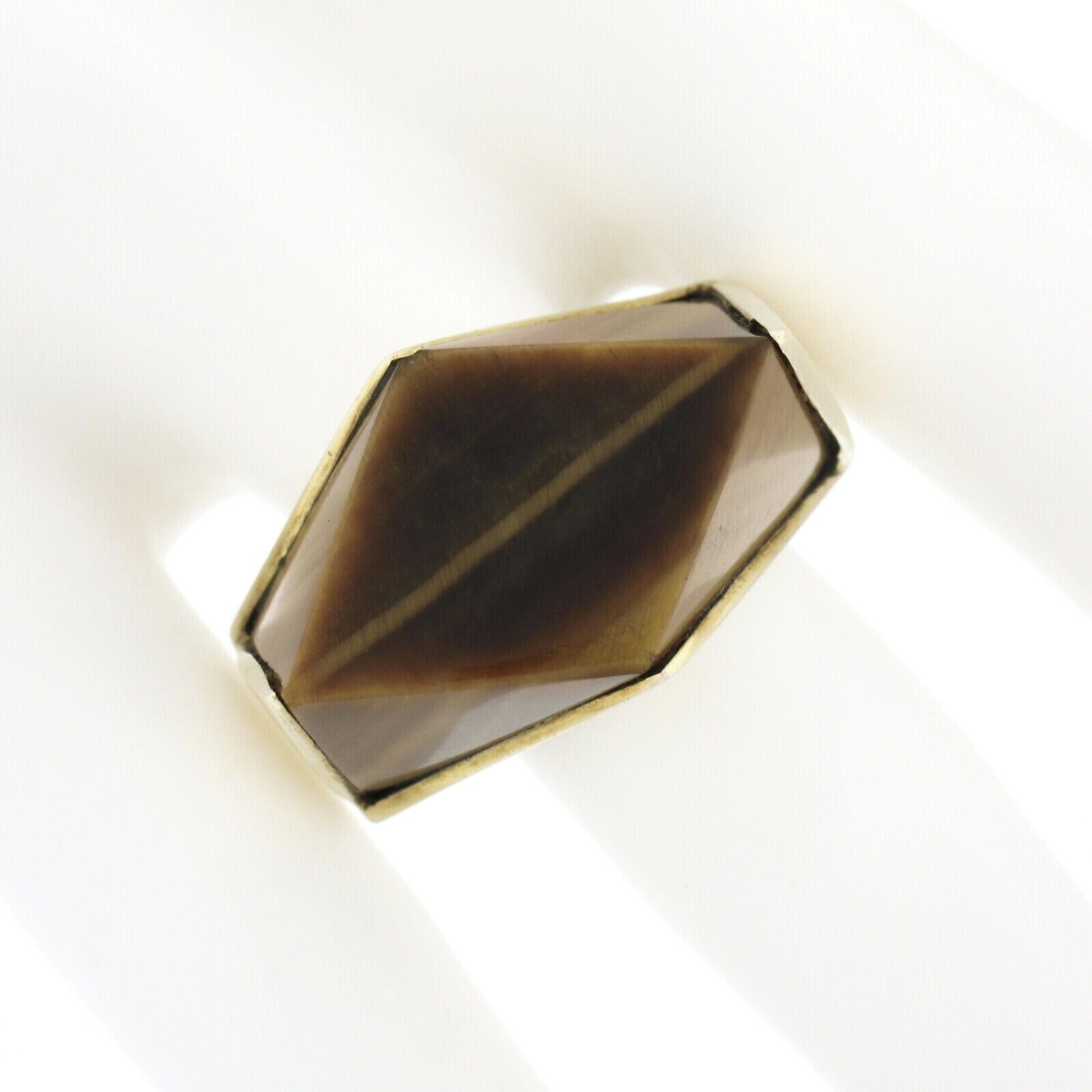 Square Cut Vintage 14K Gold Large Polished Custom Cut Tiger's Eye Solitaire Geometric Ring For Sale