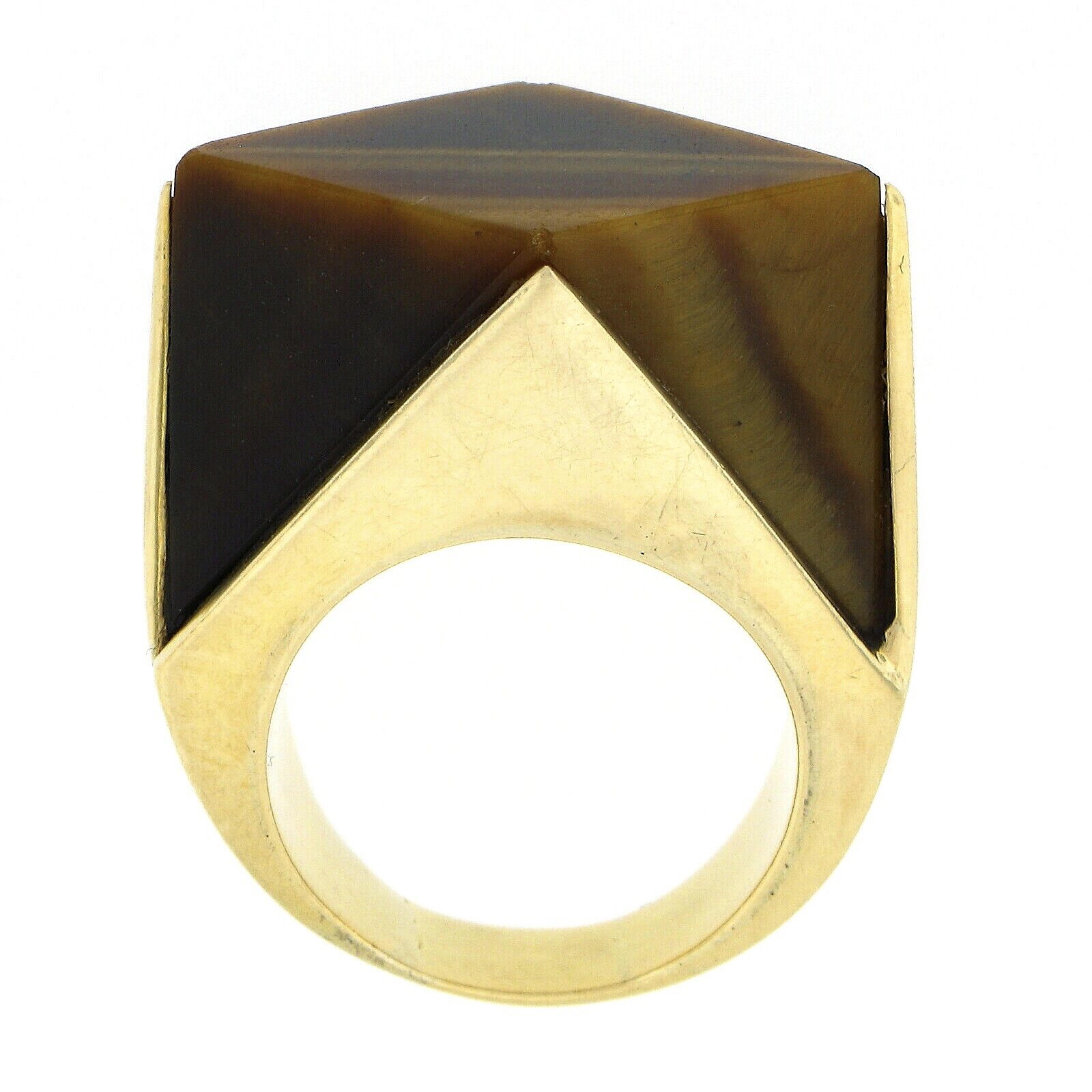 Vintage 14K Gold Large Polished Custom Cut Tiger's Eye Solitaire Geometric Ring For Sale 3