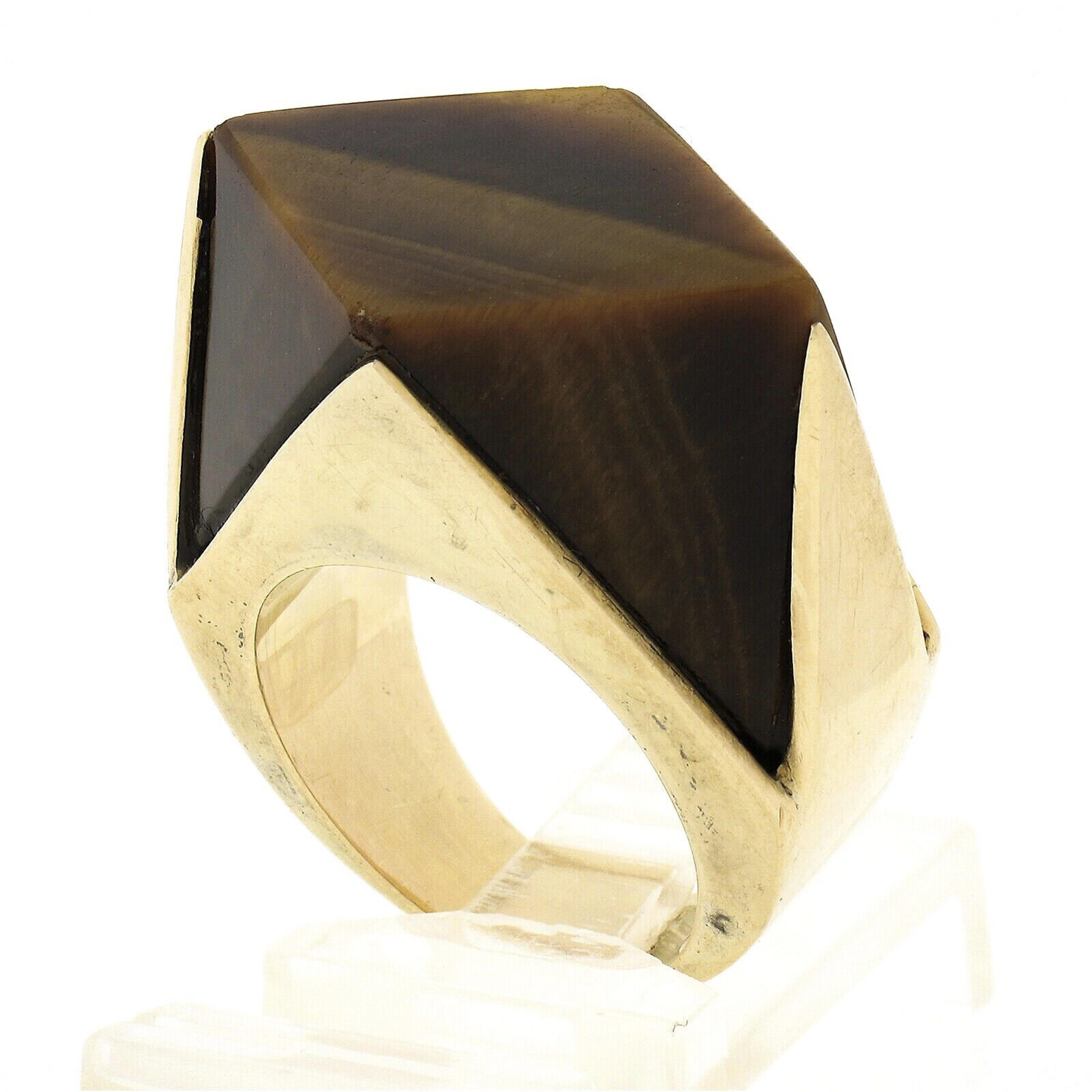 Vintage 14K Gold Large Polished Custom Cut Tiger's Eye Solitaire Geometric Ring For Sale 4