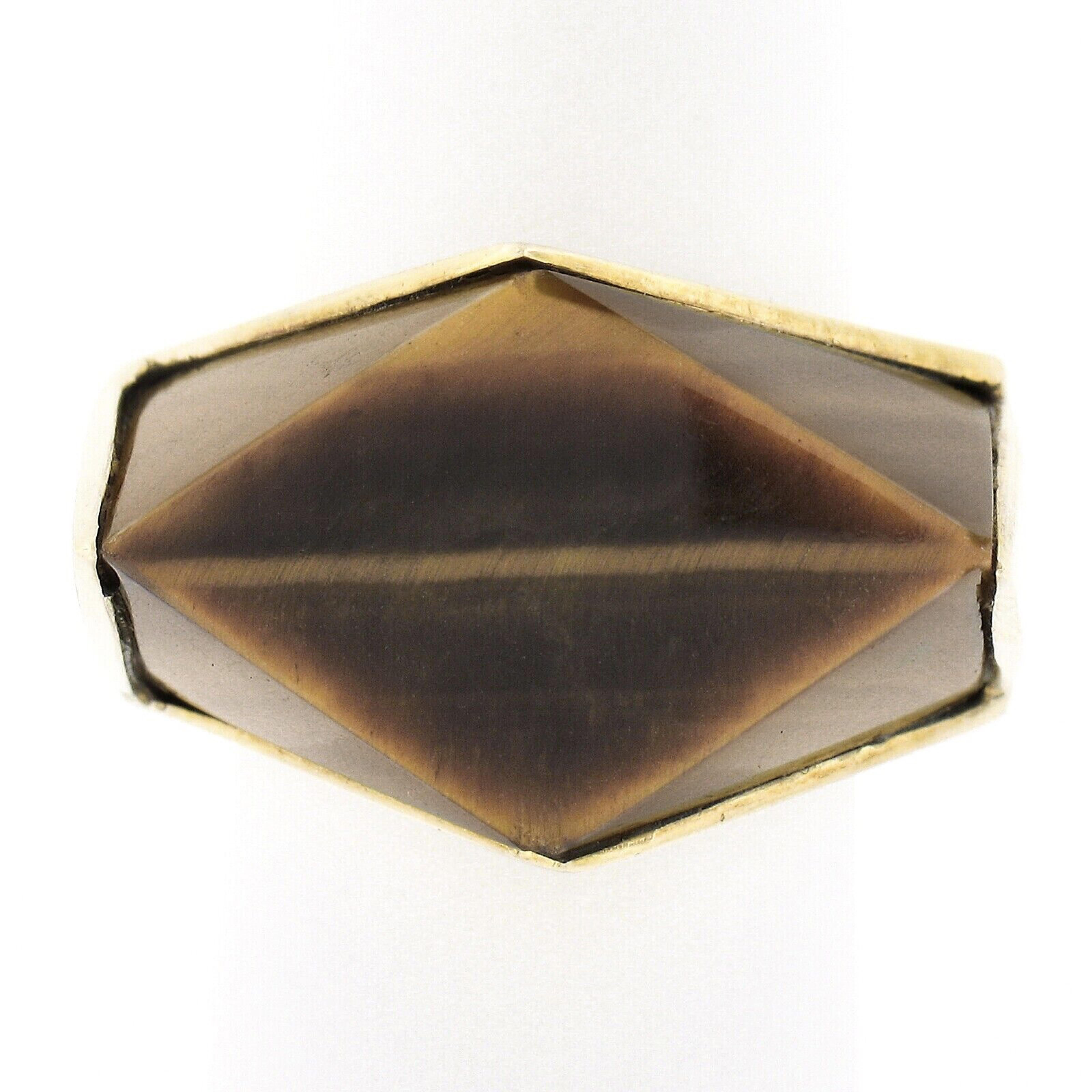 Vintage 14K Gold Large Polished Custom Cut Tiger's Eye Solitaire Geometric Ring For Sale