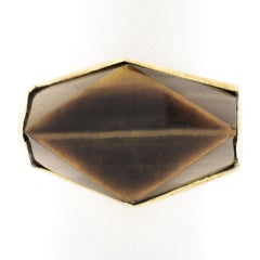 Vintage 14K Gold Large Polished Custom Cut Tiger's Eye Solitaire Geometric Ring