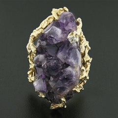 Vintage 14k Gold Large Rough Uncut Amethyst Crystal Diamond Coral Textured Ring