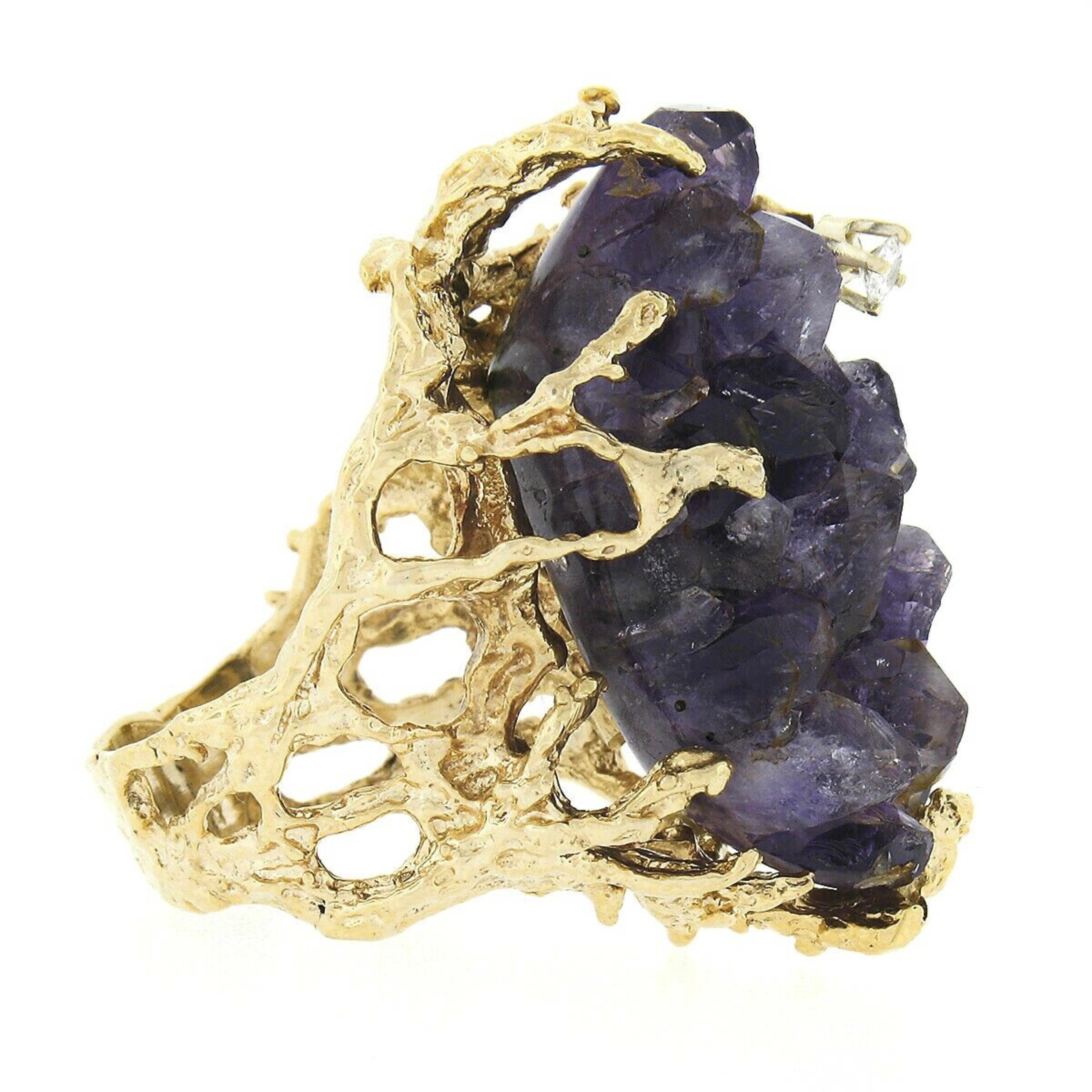 Vintage 14k Gold Large Rough Uncut Amethyst Crystal Diamond Coral Textured Ring For Sale 1