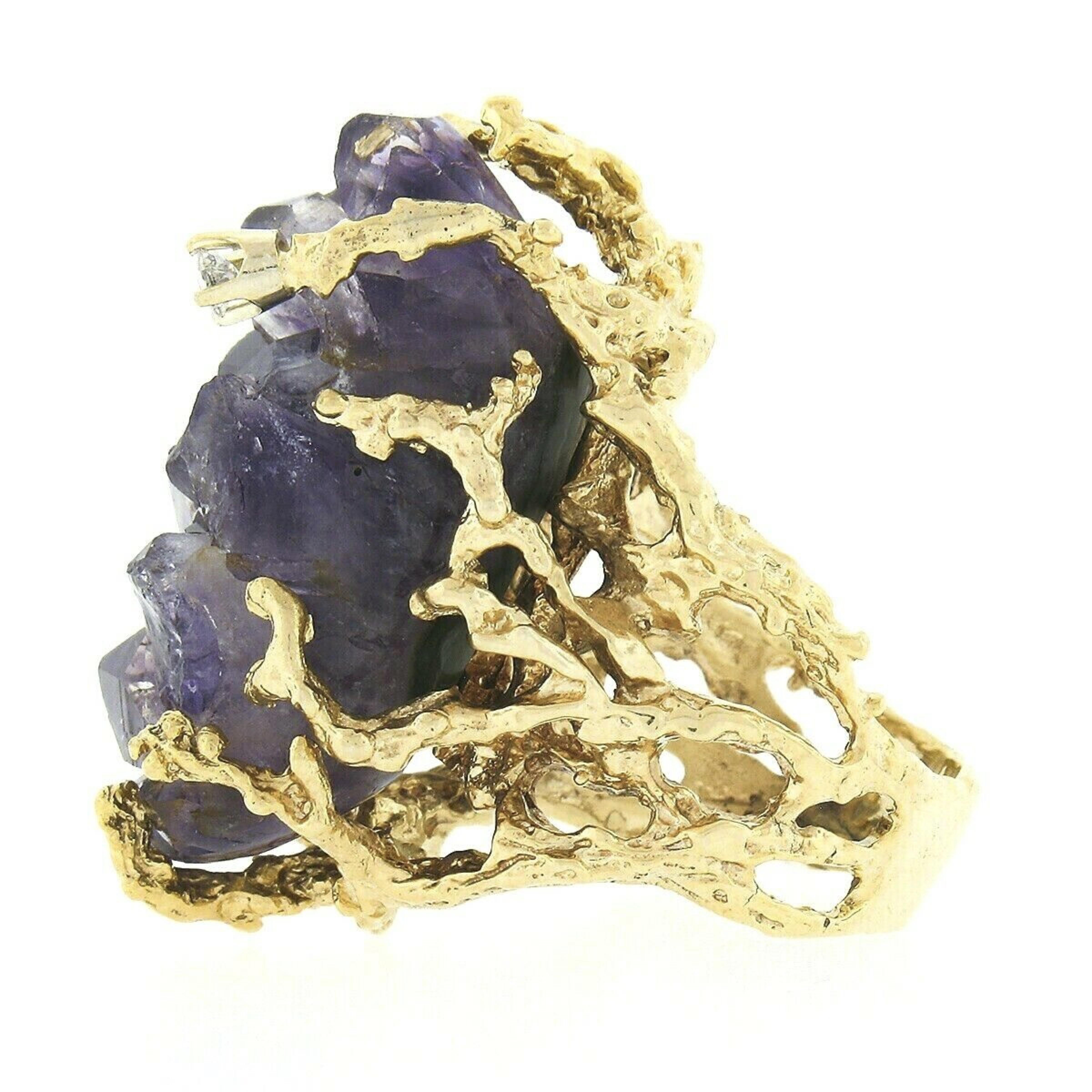 Vintage 14k Gold Large Rough Uncut Amethyst Crystal Diamond Coral Textured Ring In Good Condition For Sale In Montclair, NJ