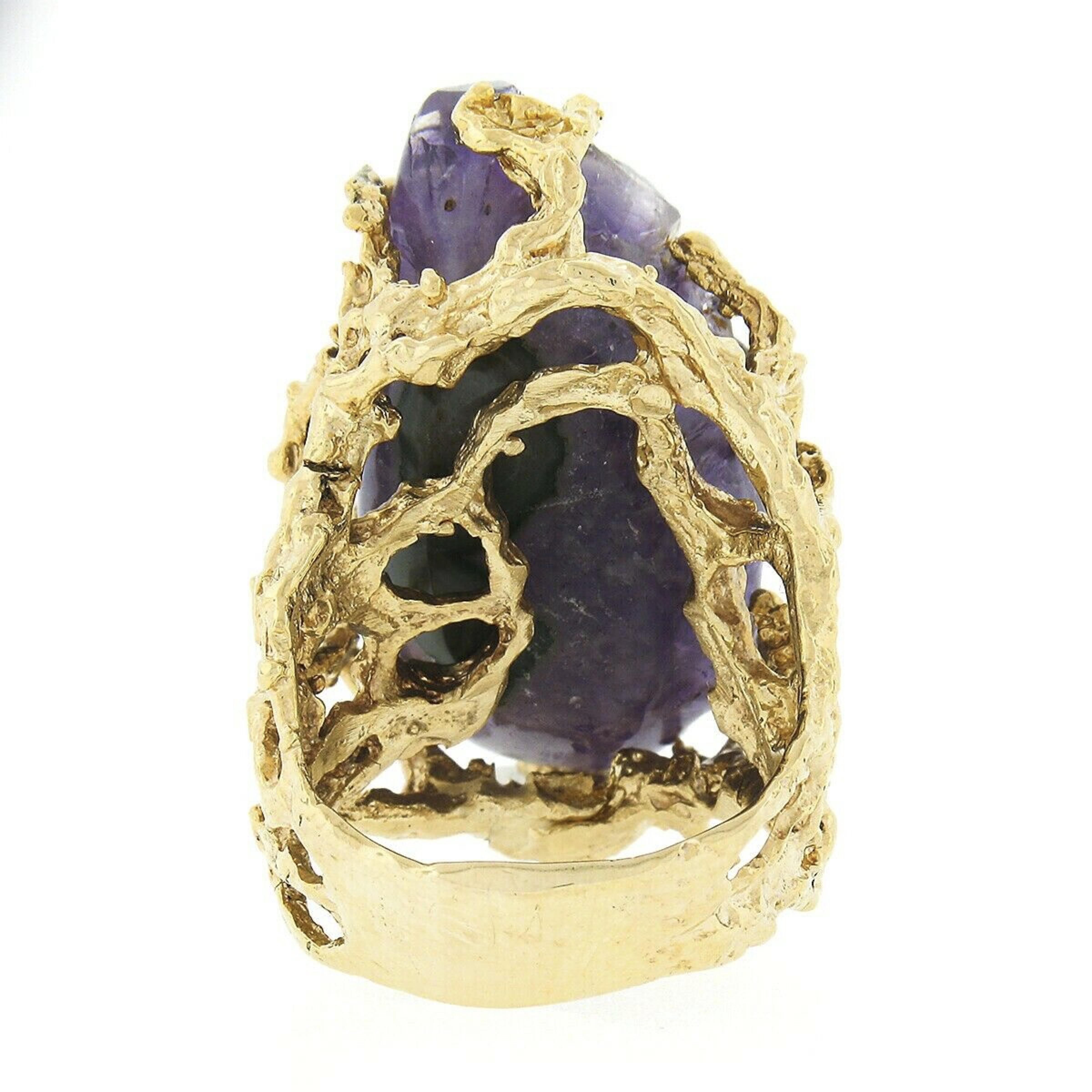Women's Vintage 14k Gold Large Rough Uncut Amethyst Crystal Diamond Coral Textured Ring For Sale