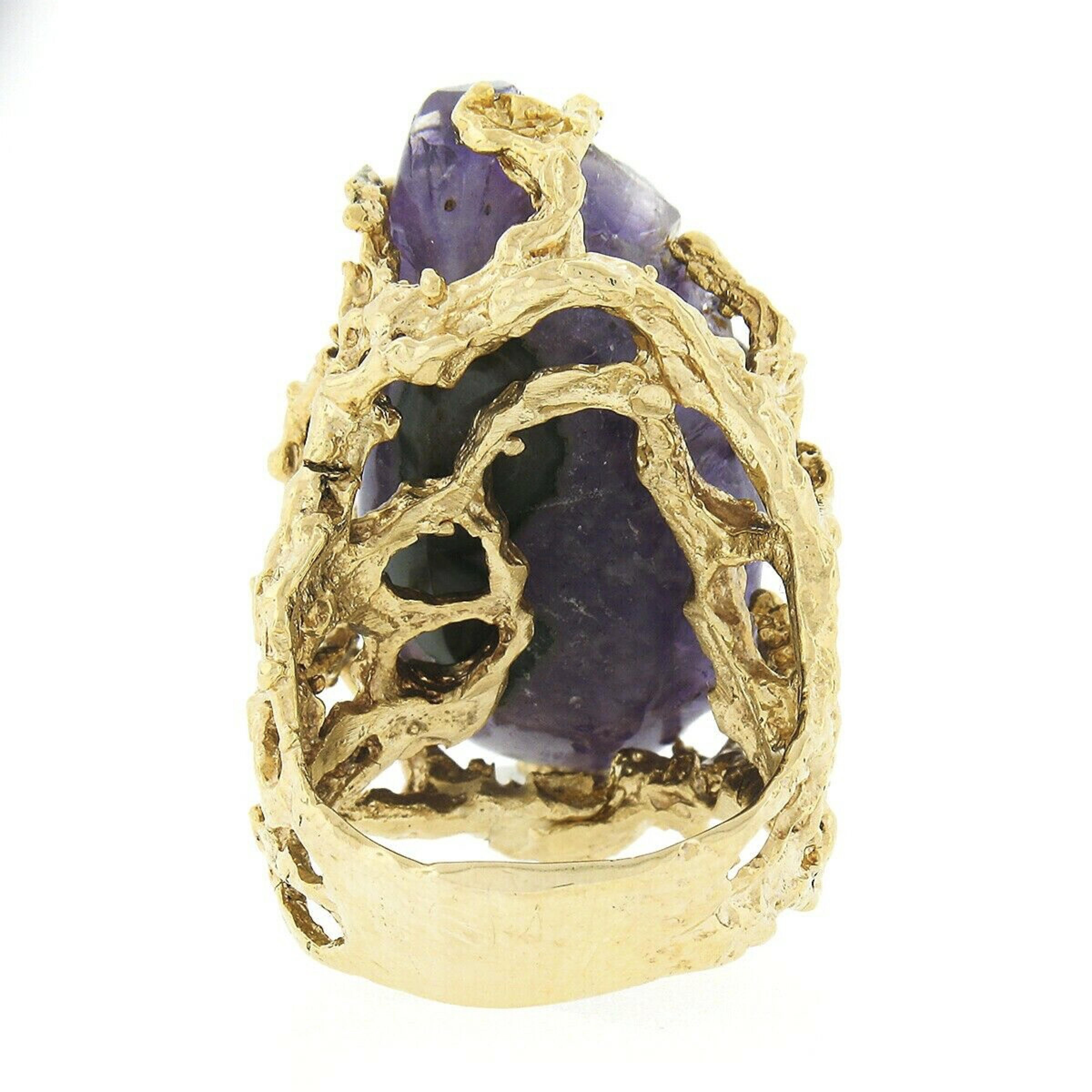 Vintage 14k Gold Large Rough Uncut Amethyst Crystal Diamond Coral Textured Ring For Sale 3