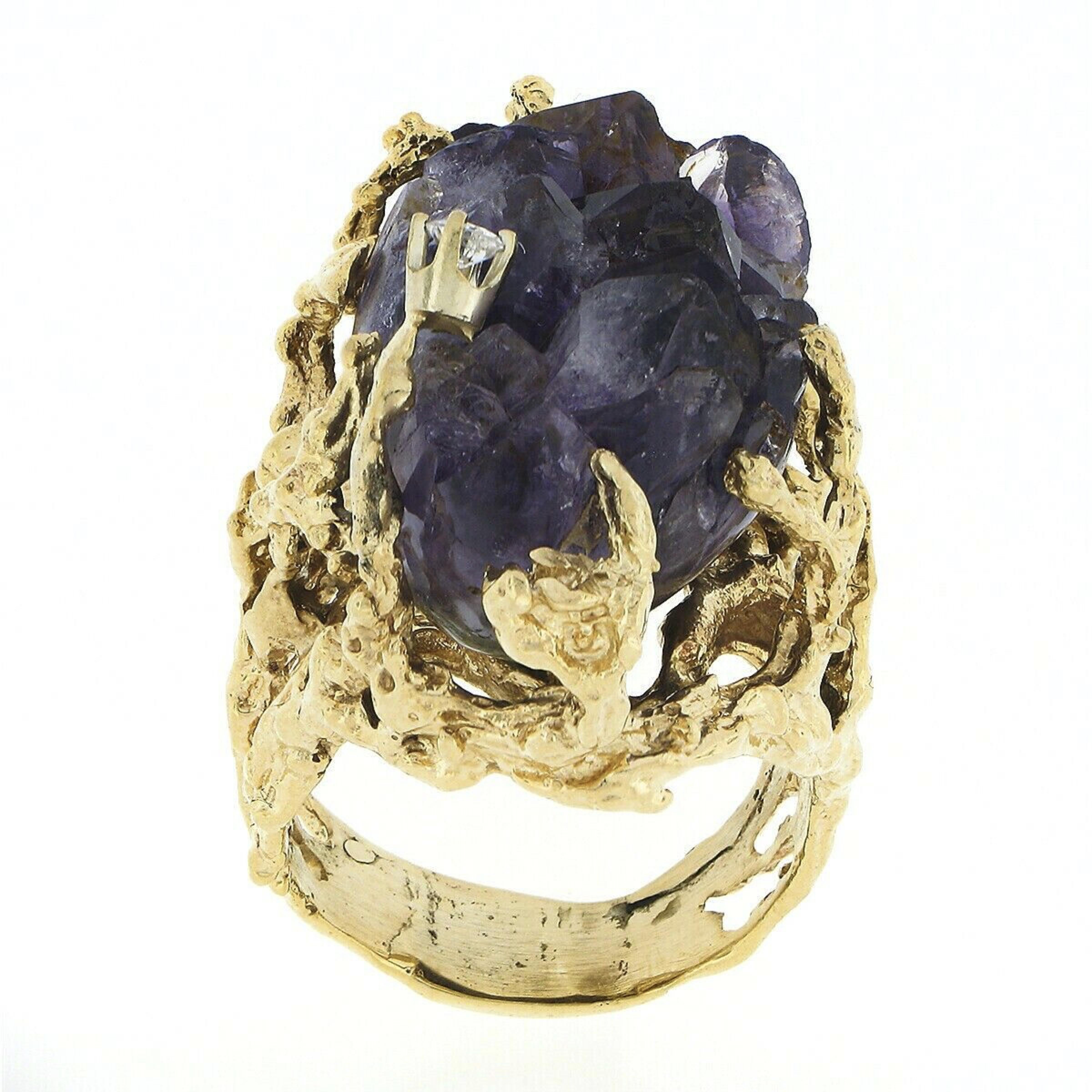 Vintage 14k Gold Large Rough Uncut Amethyst Crystal Diamond Coral Textured Ring For Sale 1