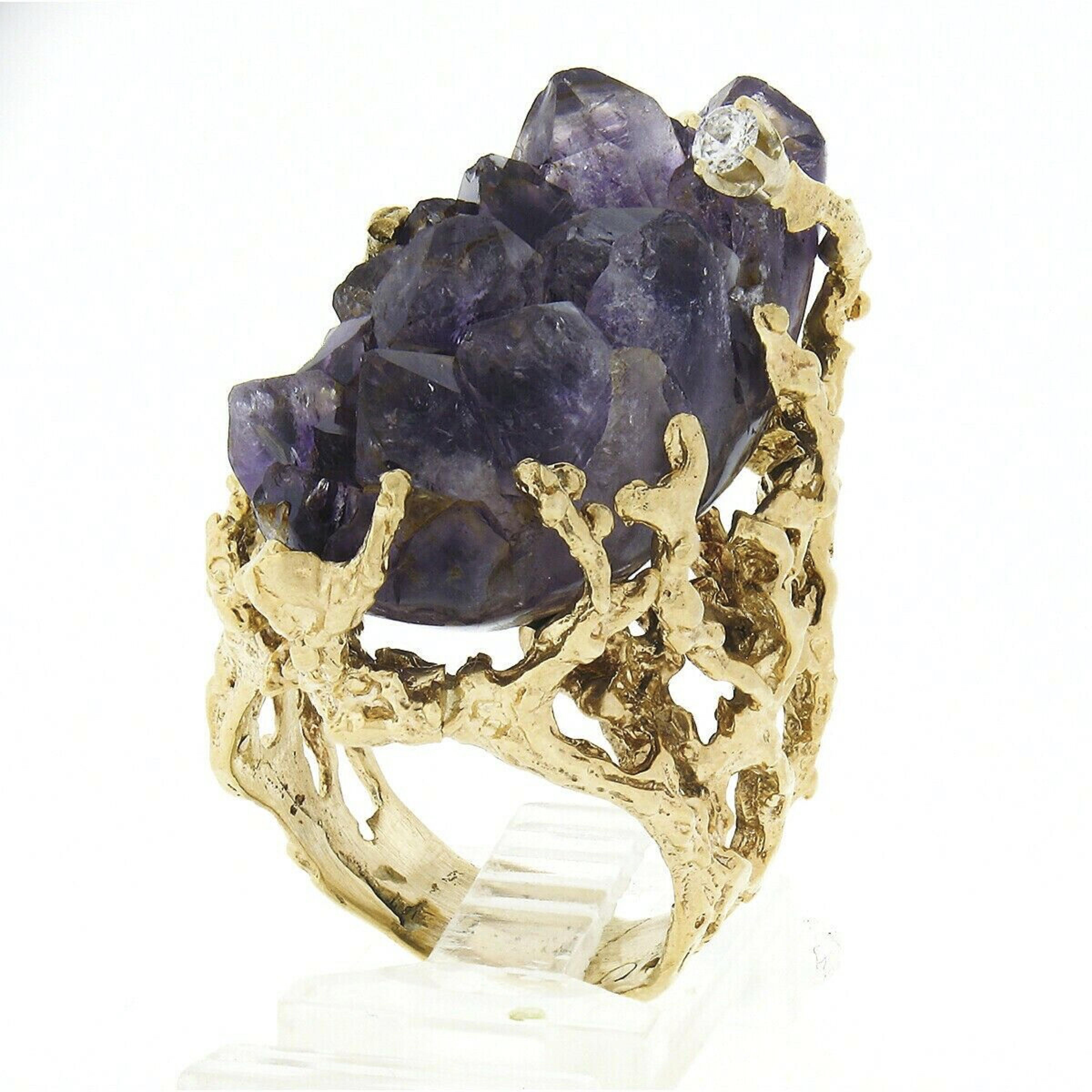 Vintage 14k Gold Large Rough Uncut Amethyst Crystal Diamond Coral Textured Ring For Sale 2