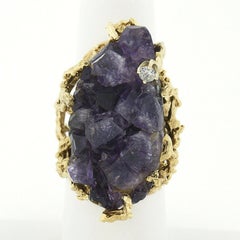 Retro 14k Gold Large Rough Uncut Amethyst Crystal Diamond Coral Textured Ring