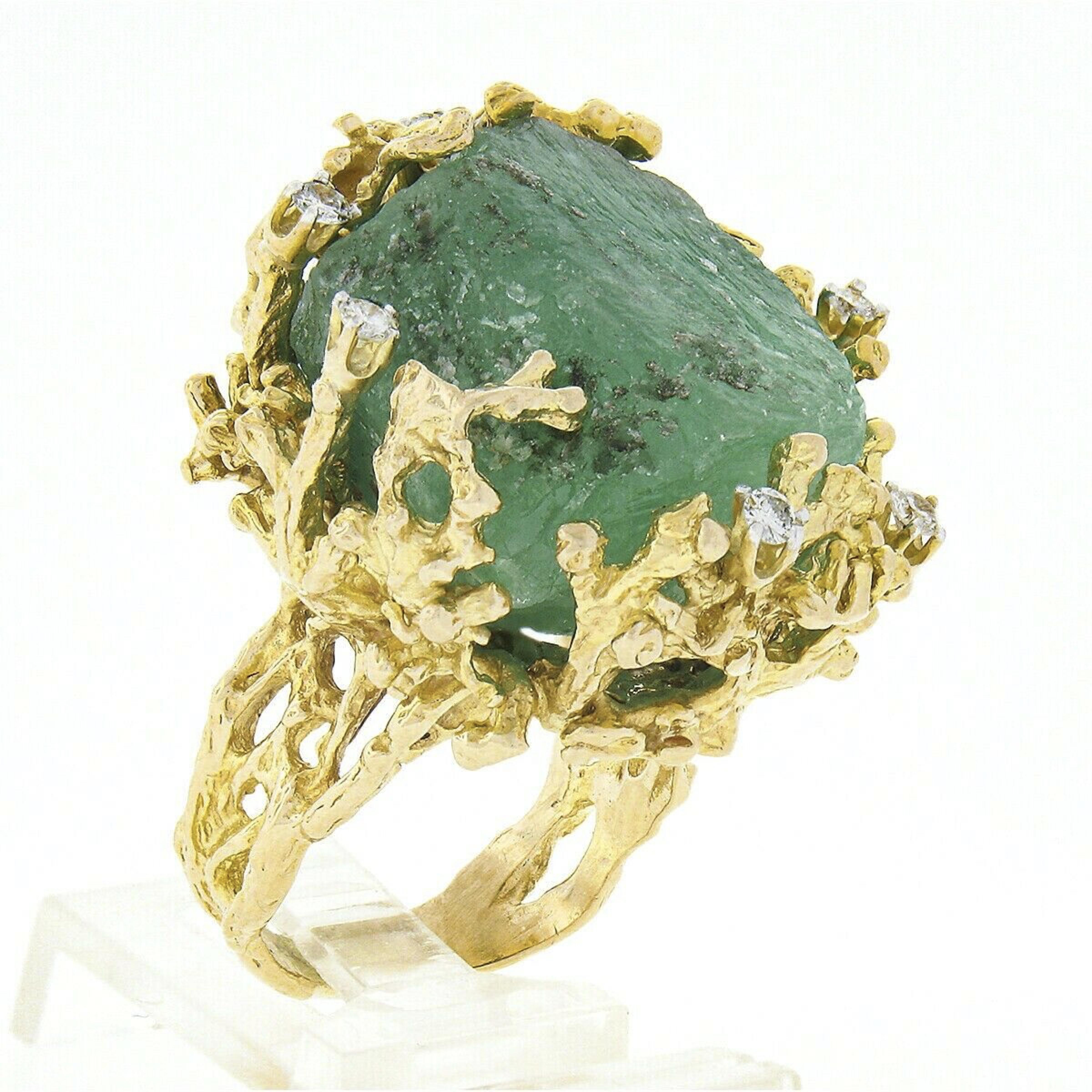 Vintage 14K Gold Large Rough Uncut Emerald Diamond Open Coral Reef Textured Ring For Sale 3