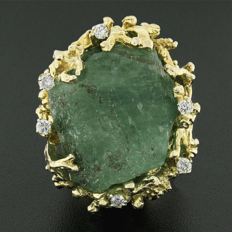 Vintage 14K Gold Large Rough Uncut Emerald Diamond Open Coral Reef Textured Ring In Good Condition For Sale In Montclair, NJ