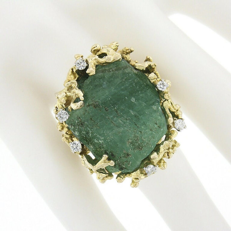Women's or Men's Vintage 14K Gold Large Rough Uncut Emerald Diamond Open Coral Reef Textured Ring For Sale