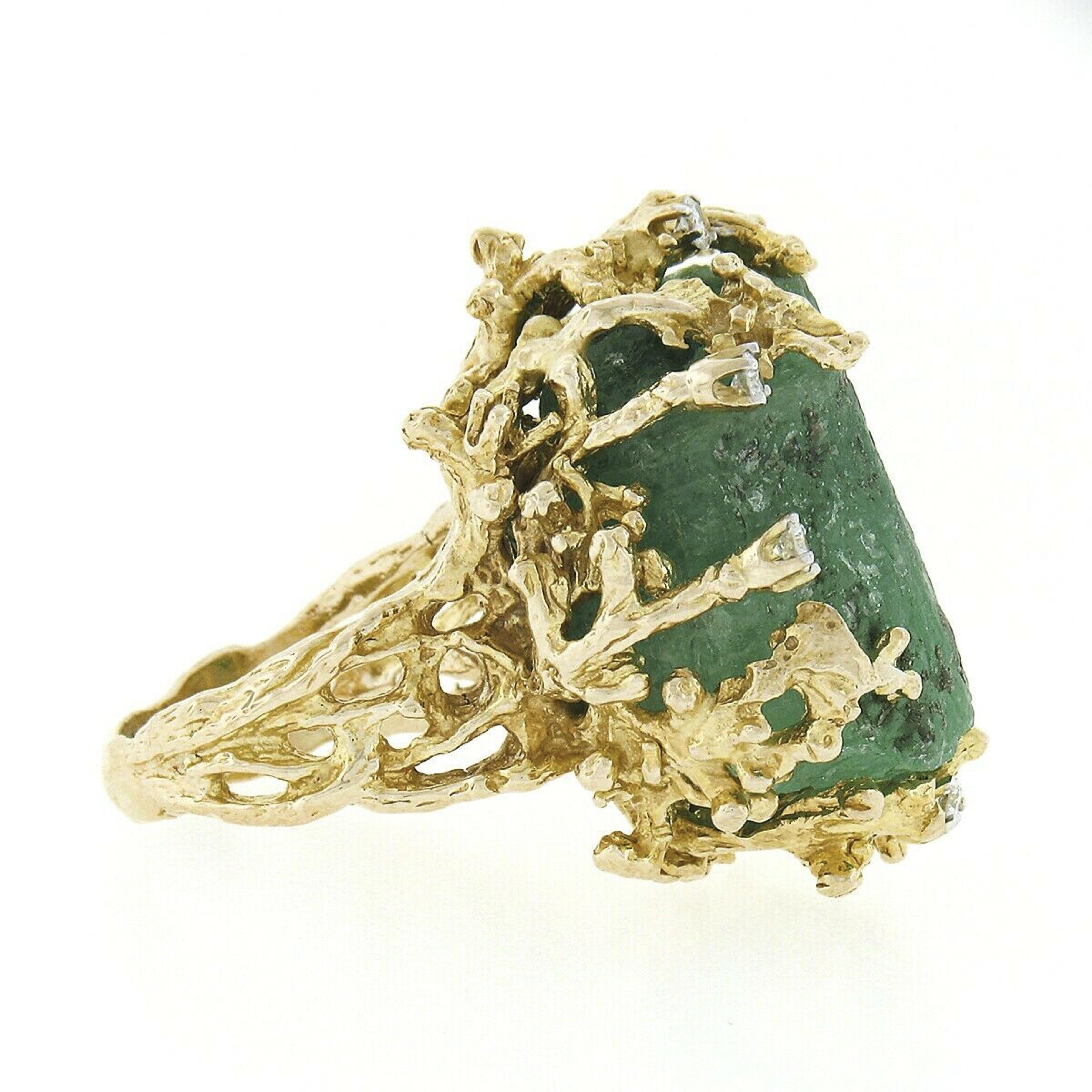 Vintage 14K Gold Large Rough Uncut Emerald Diamond Open Coral Reef Textured Ring In Good Condition For Sale In Montclair, NJ