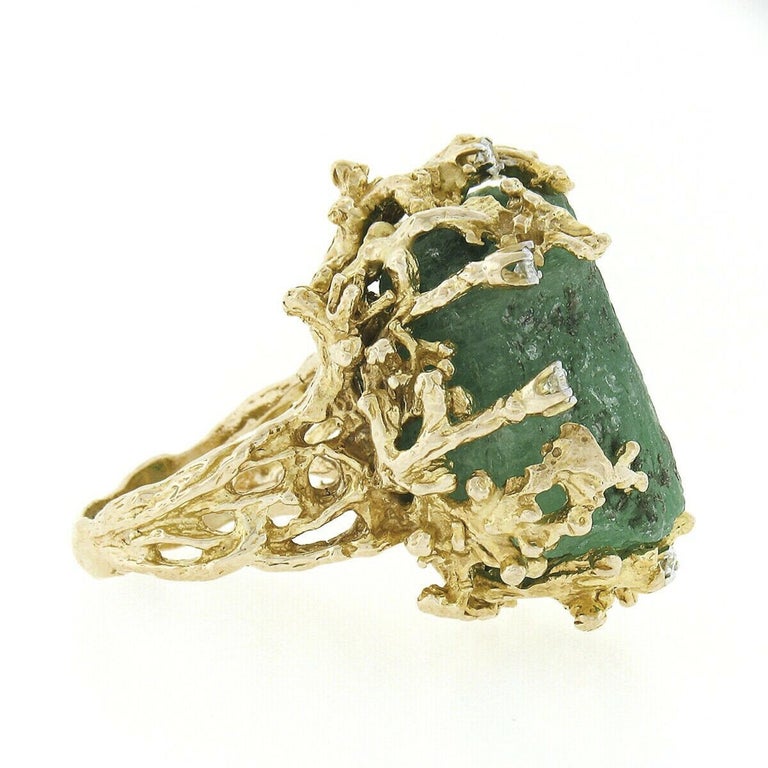 Vintage 14K Gold Large Rough Uncut Emerald Diamond Open Coral Reef Textured Ring For Sale 2