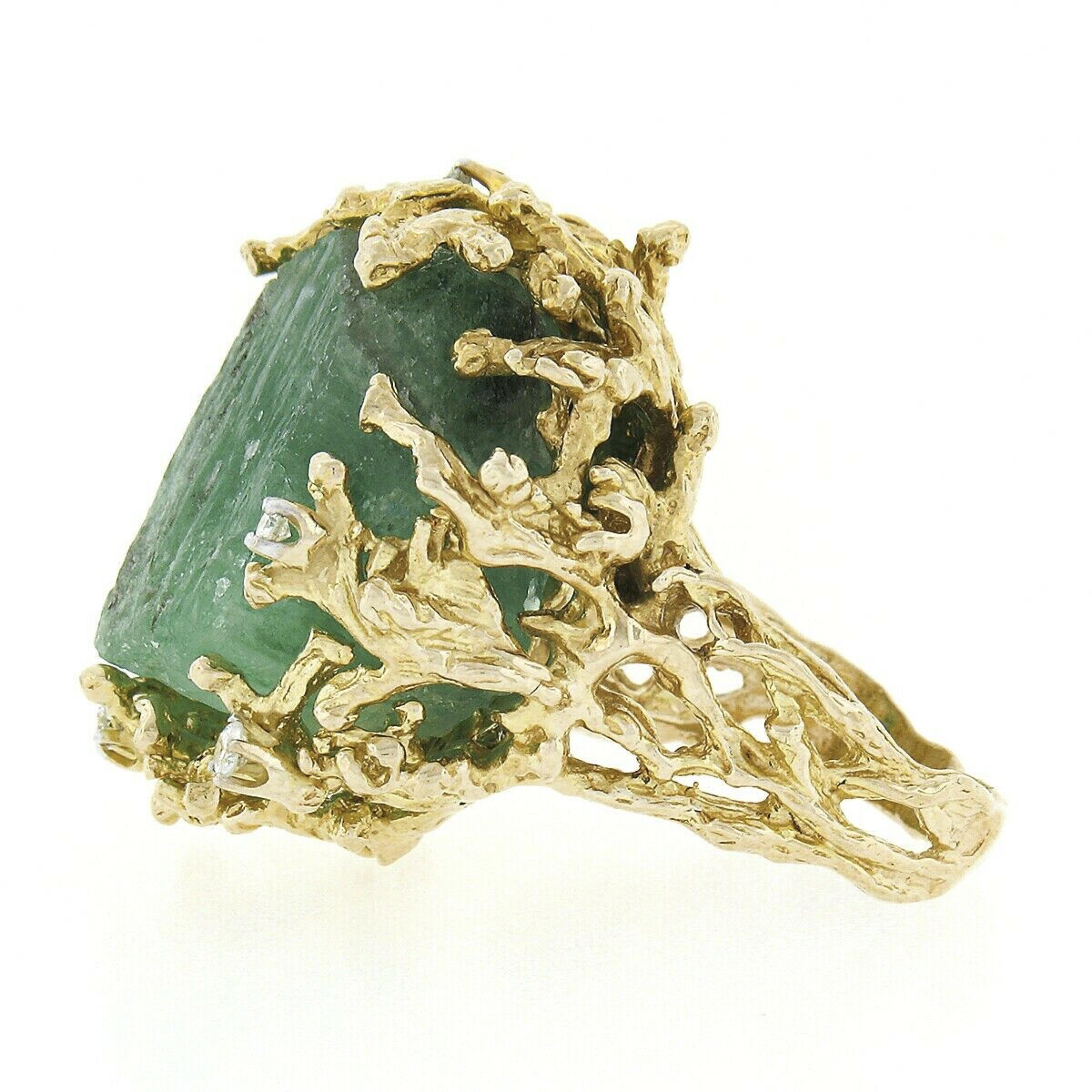 Women's or Men's Vintage 14K Gold Large Rough Uncut Emerald Diamond Open Coral Reef Textured Ring For Sale