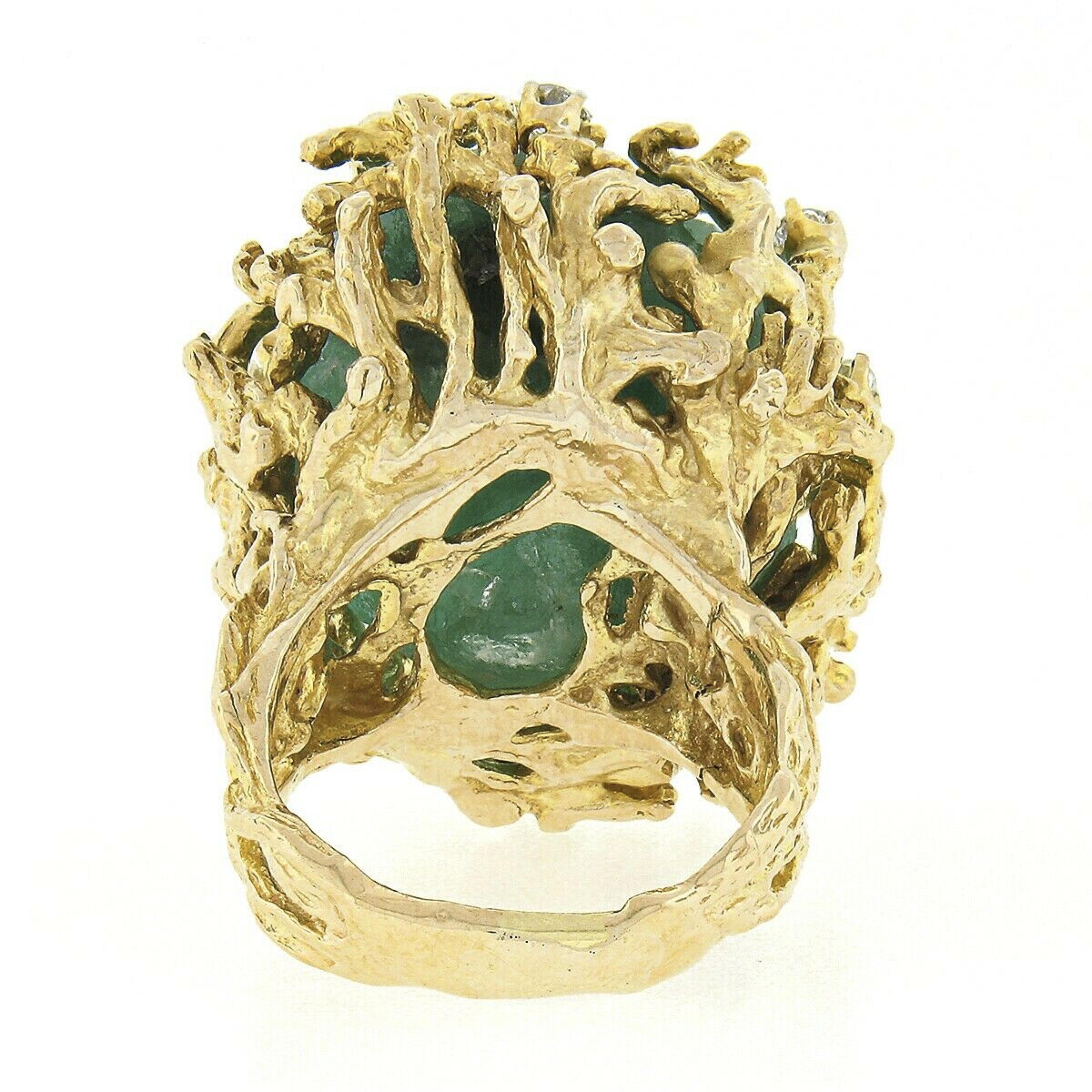 Vintage 14K Gold Großer Rohr ungeschliffener Smaragd Diamant Offener Korallenriff Texturierter Ring 2