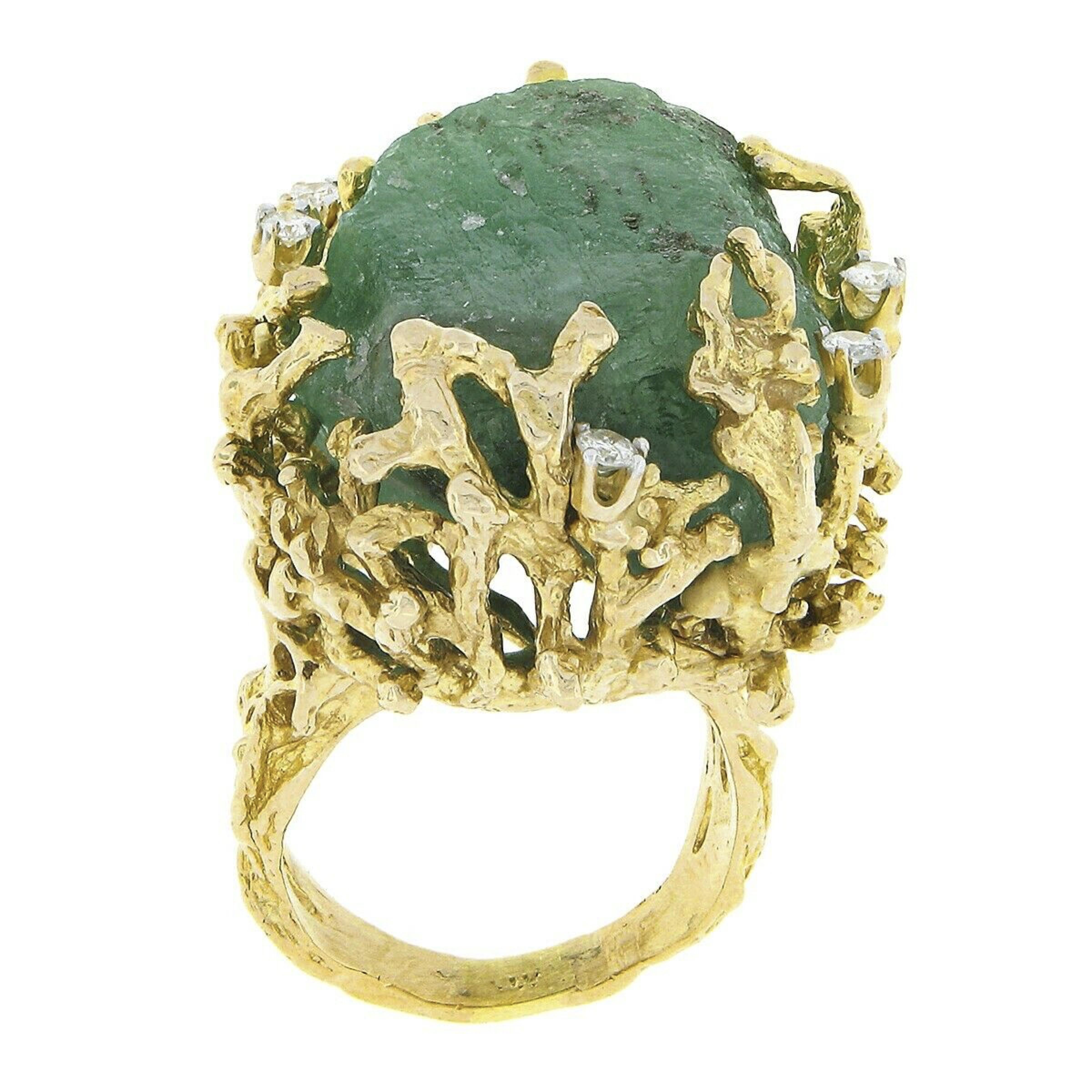 Vintage 14K Gold Großer Rohr ungeschliffener Smaragd Diamant Offener Korallenriff Texturierter Ring 3