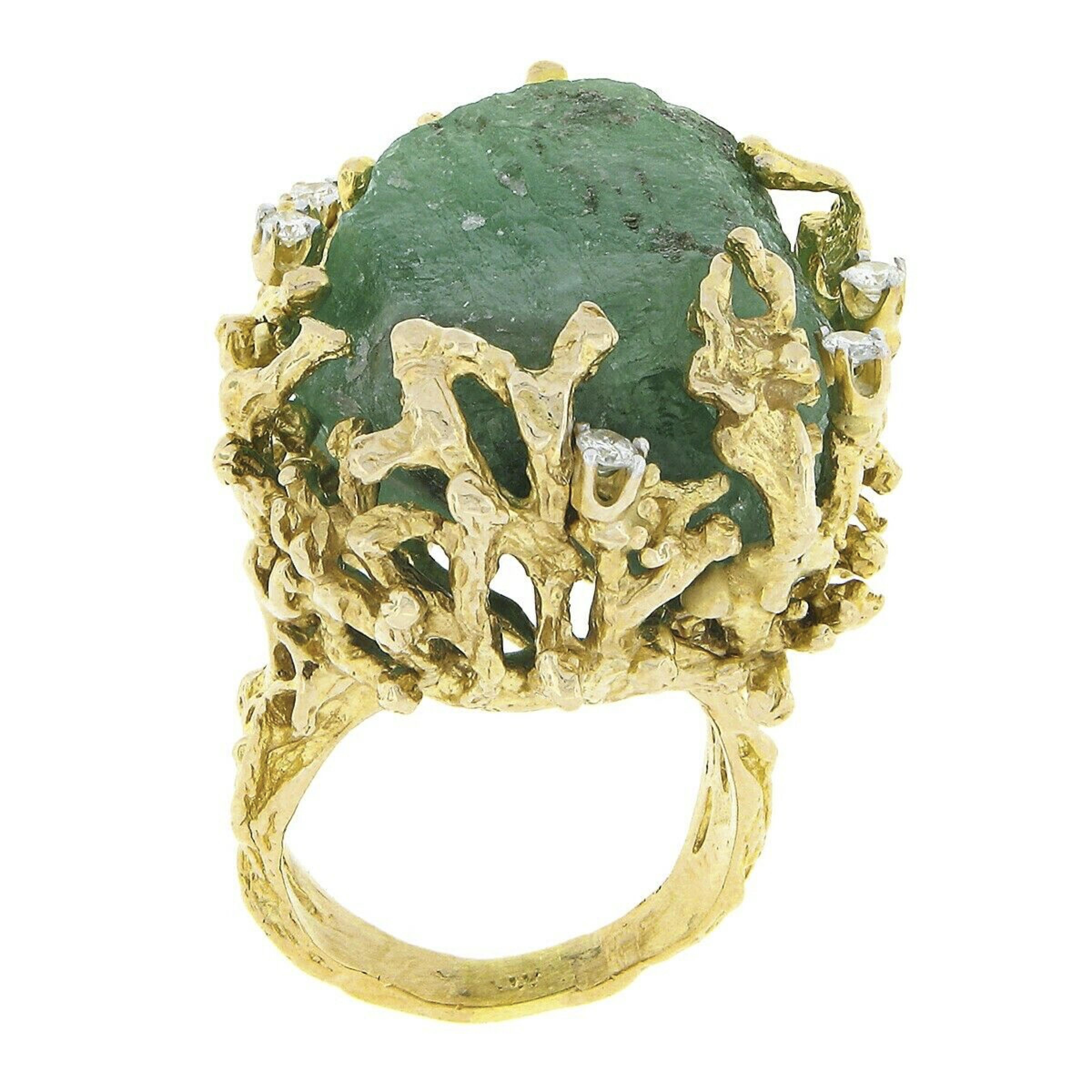 Vintage 14K Gold Large Rough Uncut Emerald Diamond Open Coral Reef Textured Ring For Sale 2