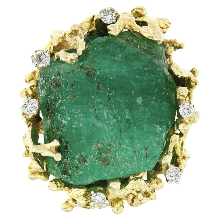 Vintage 14K Gold Large Rough Uncut Emerald Diamond Open Coral Reef Textured Ring For Sale