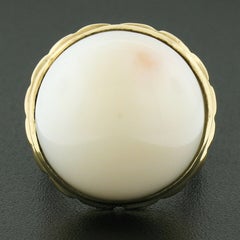 Vintage 14K Gold Large Round Cabochon Bezel Set Angel Skin Coral Solitaire Ring