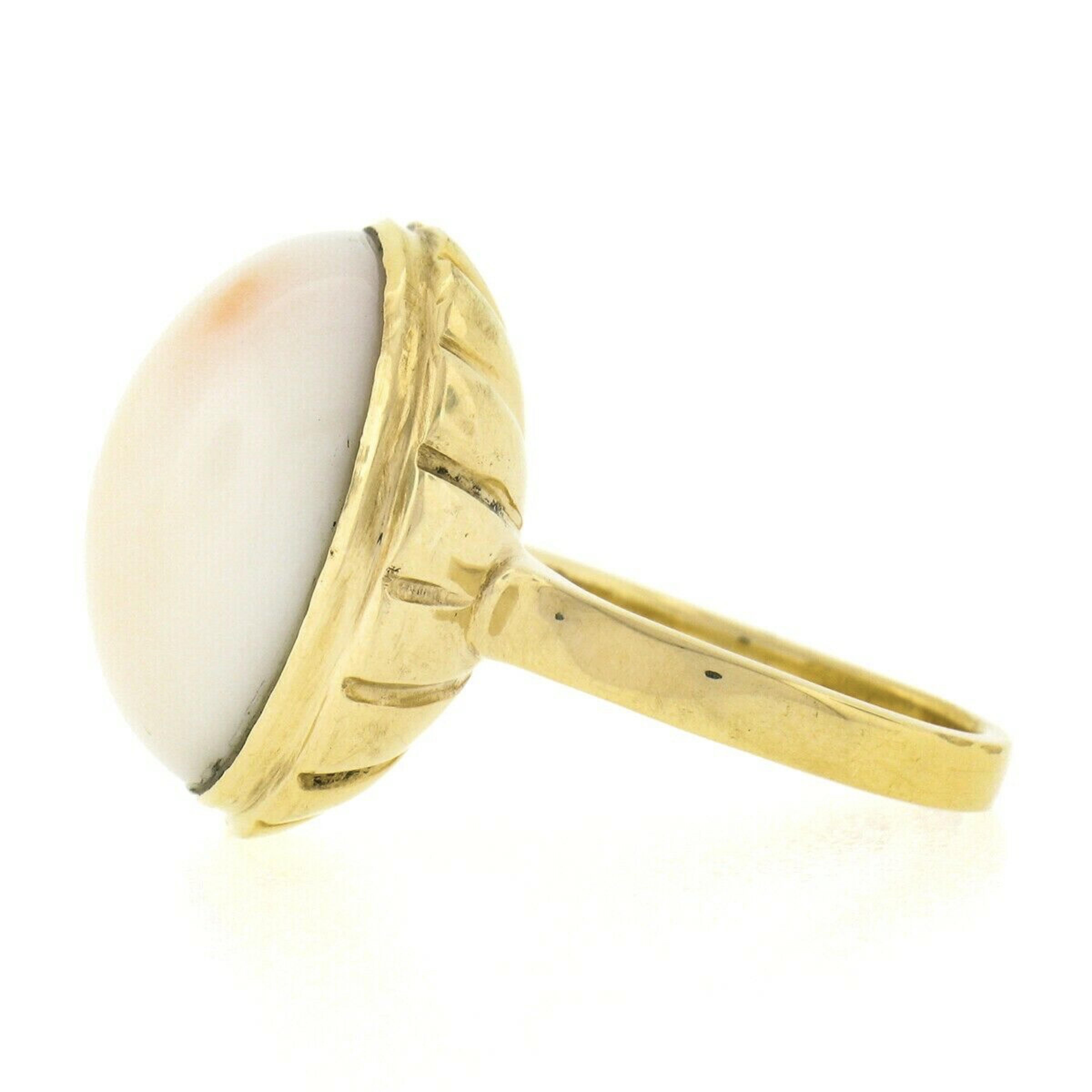 Women's Vintage 14K Gold Large Round Cabochon Bezel Set Angel Skin Coral Solitaire Ring For Sale