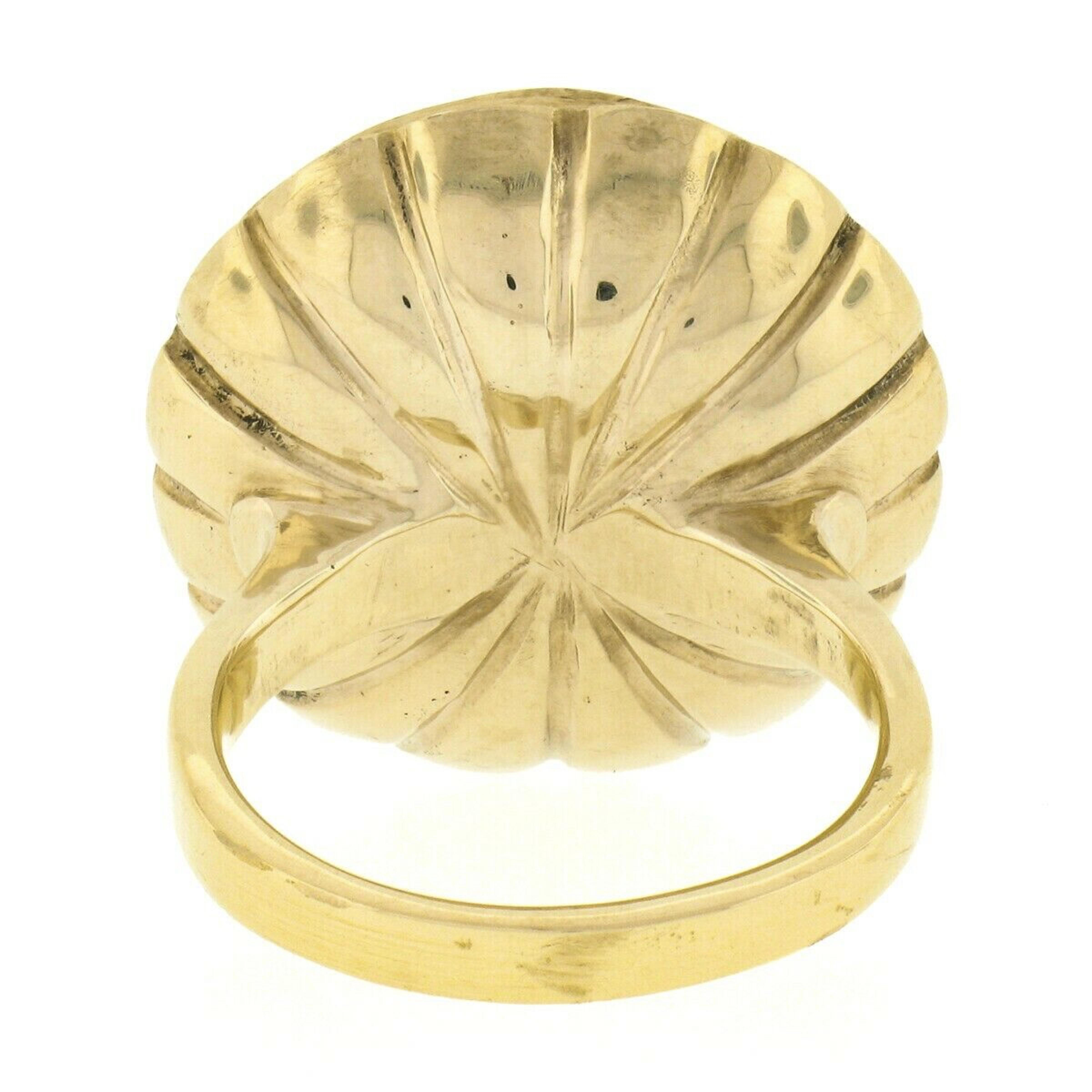 Vintage 14K Gold Large Round Cabochon Bezel Set Angel Skin Coral Solitaire Ring For Sale 1