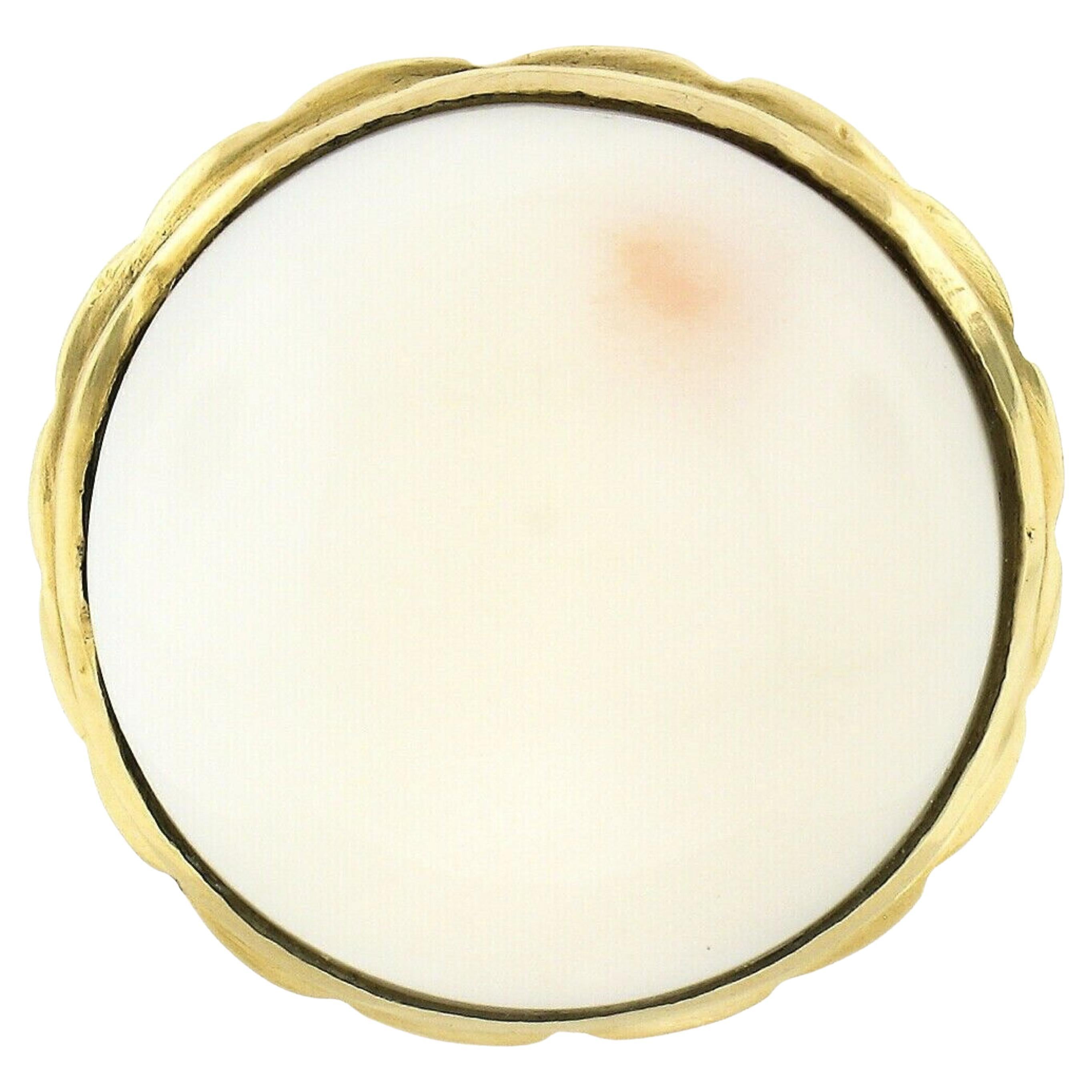 Vintage 14K Gold Large Round Cabochon Bezel Set Angel Skin Coral Solitaire Ring