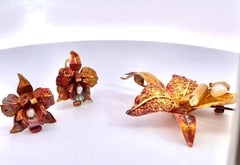 Vintage 14K Gold Lily Brooch and Earrings Set with 1980s