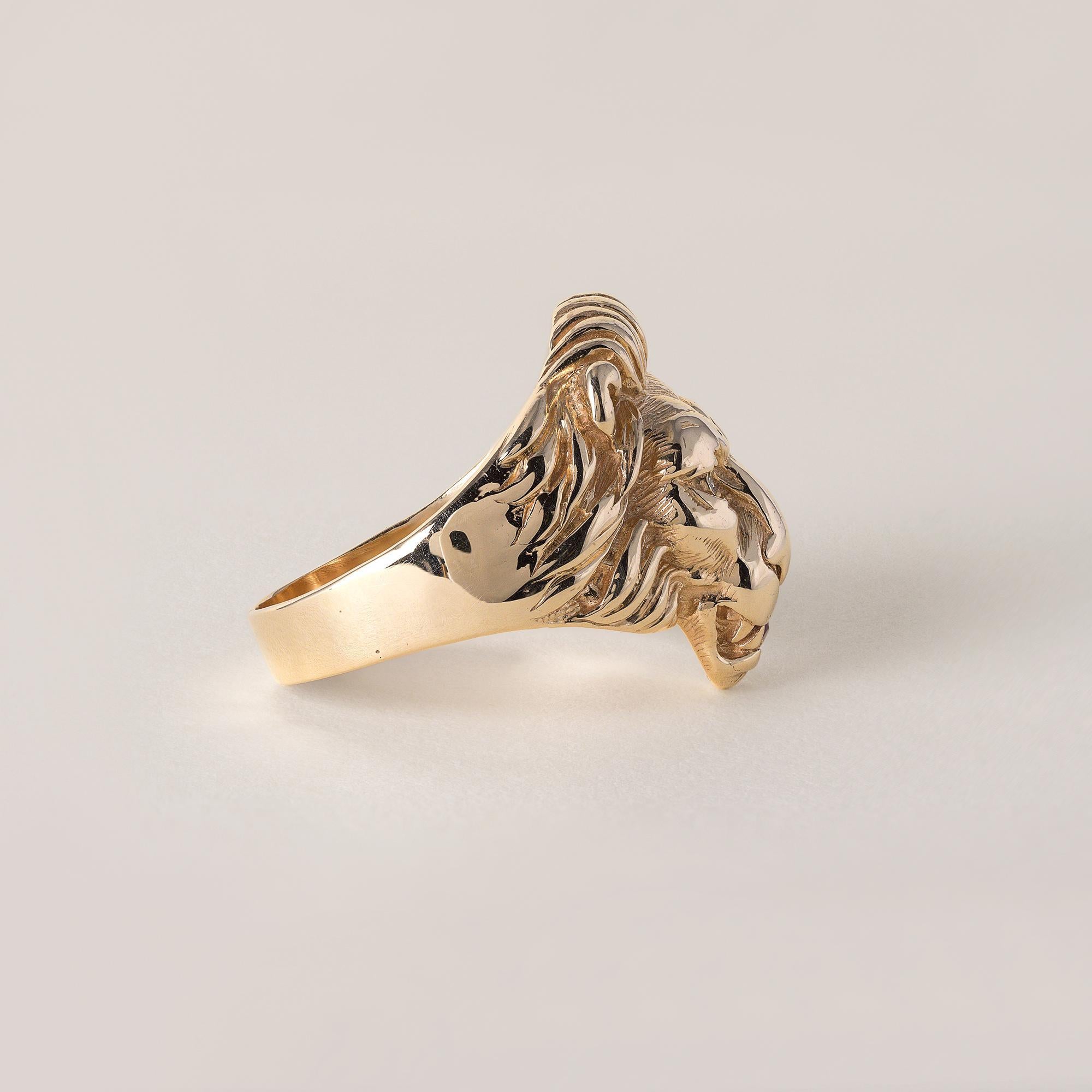 Modern Vintage 14K Gold Lion Head Diamond and Ruby Ring For Sale