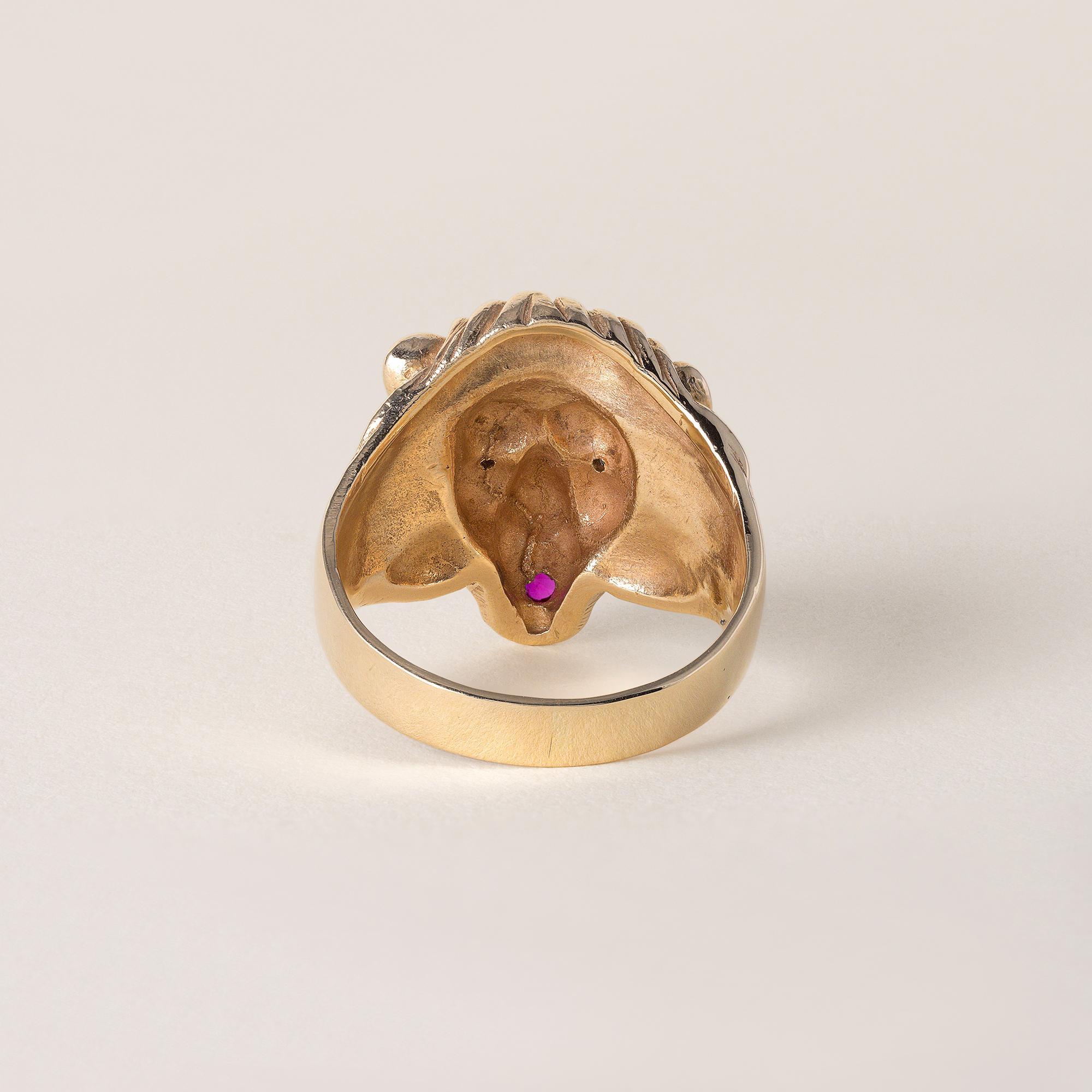 Single Cut Vintage 14K Gold Lion Head Diamond and Ruby Ring For Sale