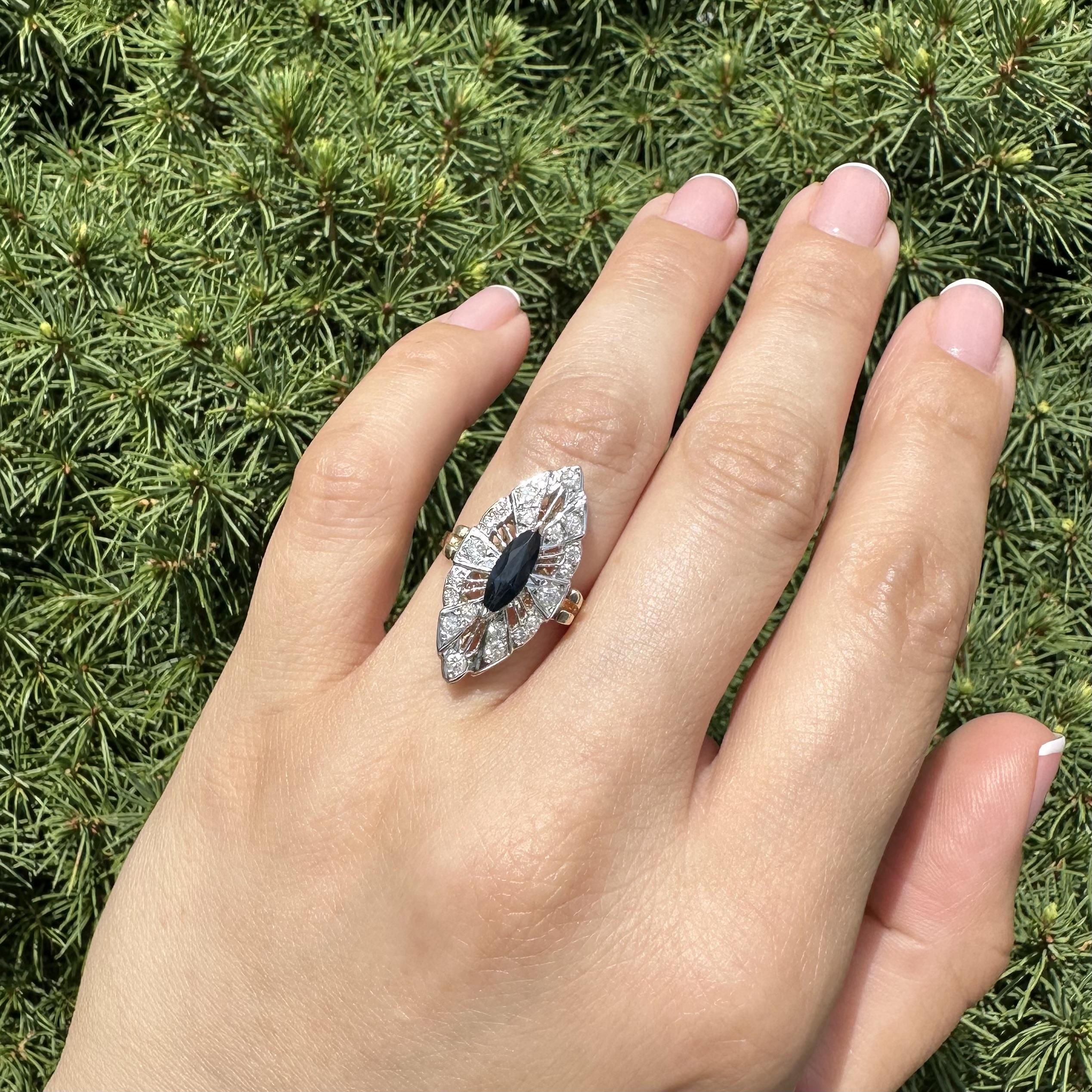 Anello vintage in oro 14k con zaffiro lungo taglio marquise e diamante navette da 0,50 carati in vendita 7