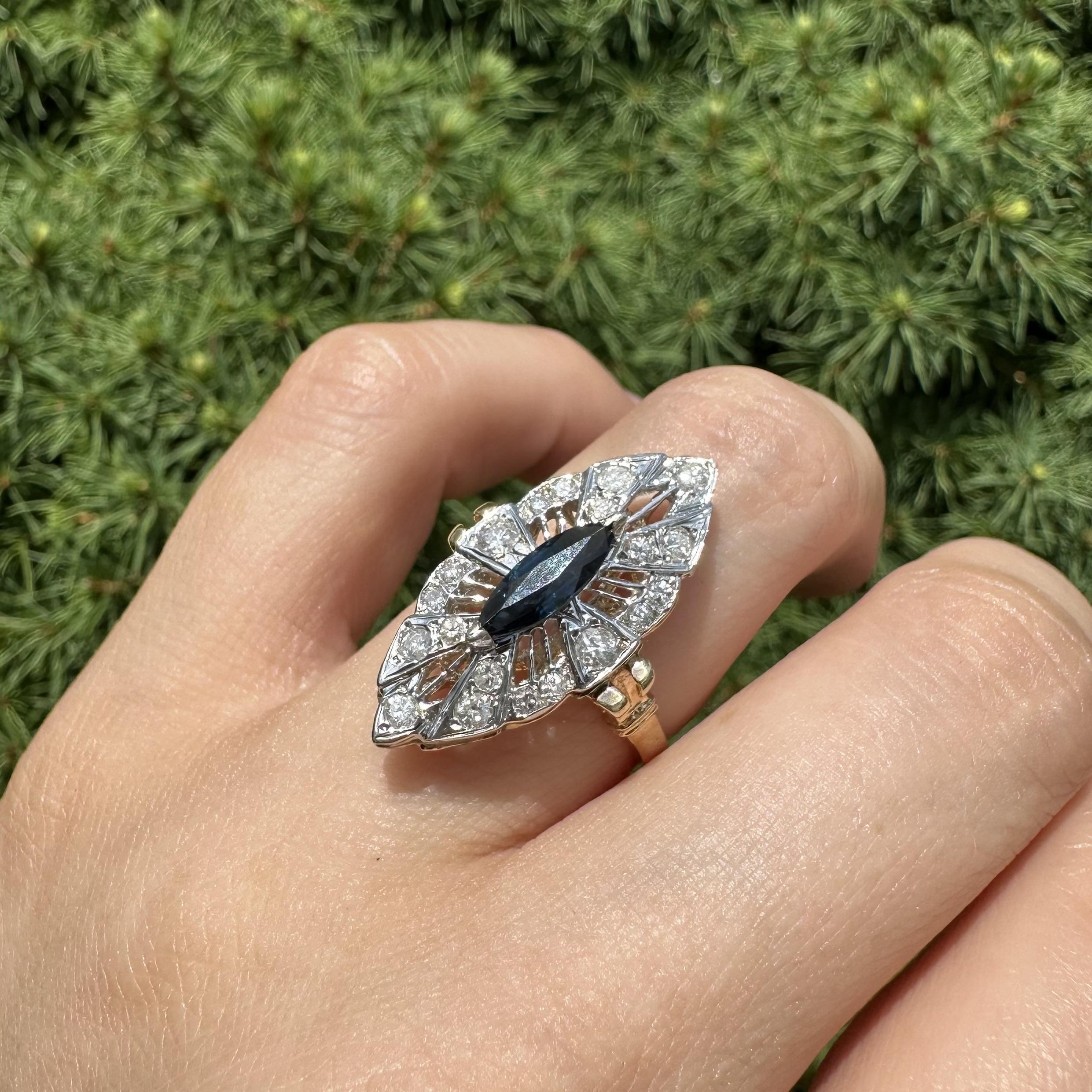 Anello vintage in oro 14k con zaffiro lungo taglio marquise e diamante navette da 0,50 carati in vendita 8