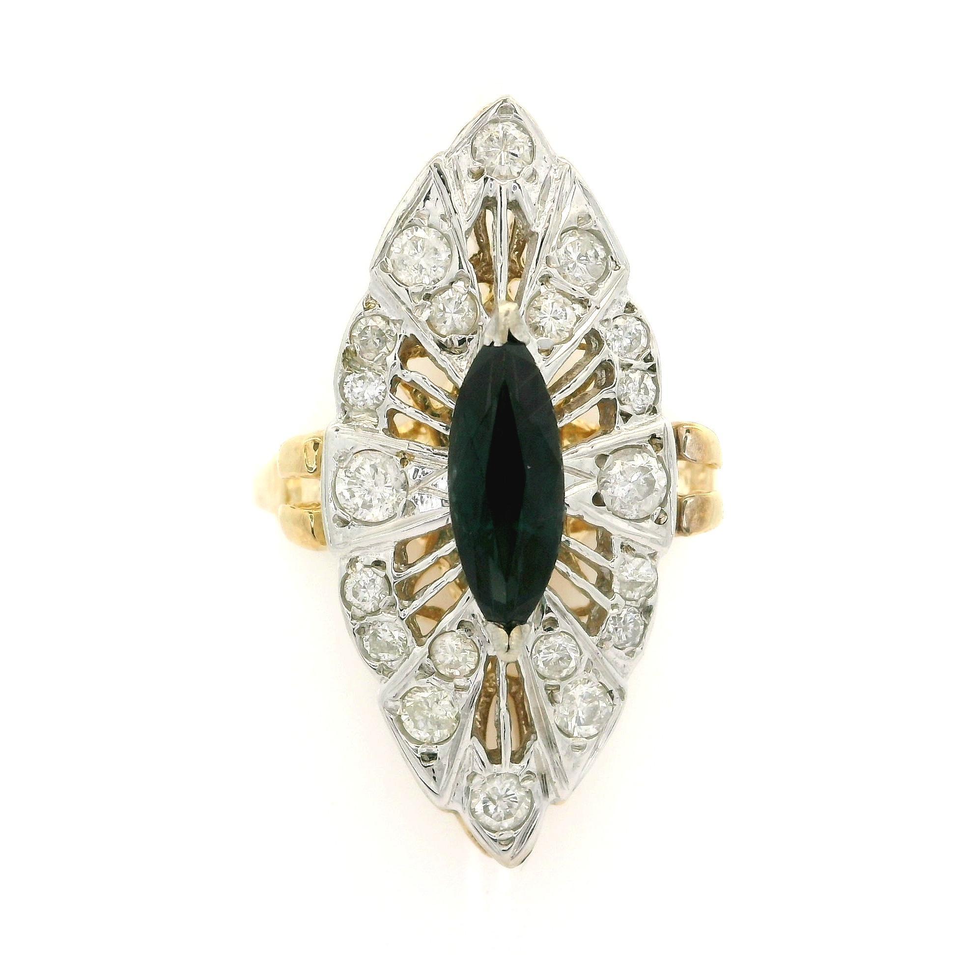 Anello vintage in oro 14k con zaffiro lungo taglio marquise e diamante navette da 0,50 carati in vendita 2