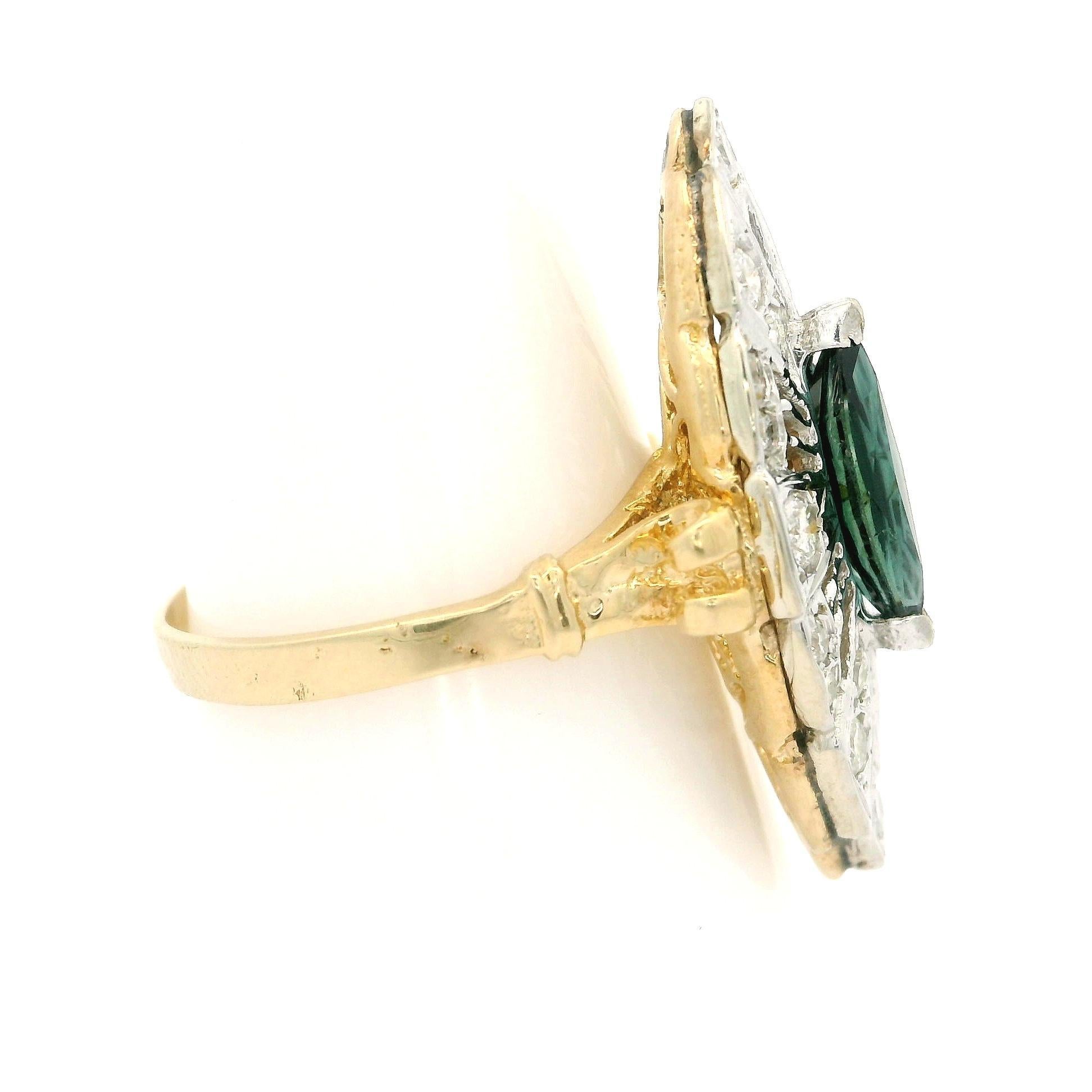 Anello vintage in oro 14k con zaffiro lungo taglio marquise e diamante navette da 0,50 carati in vendita 4