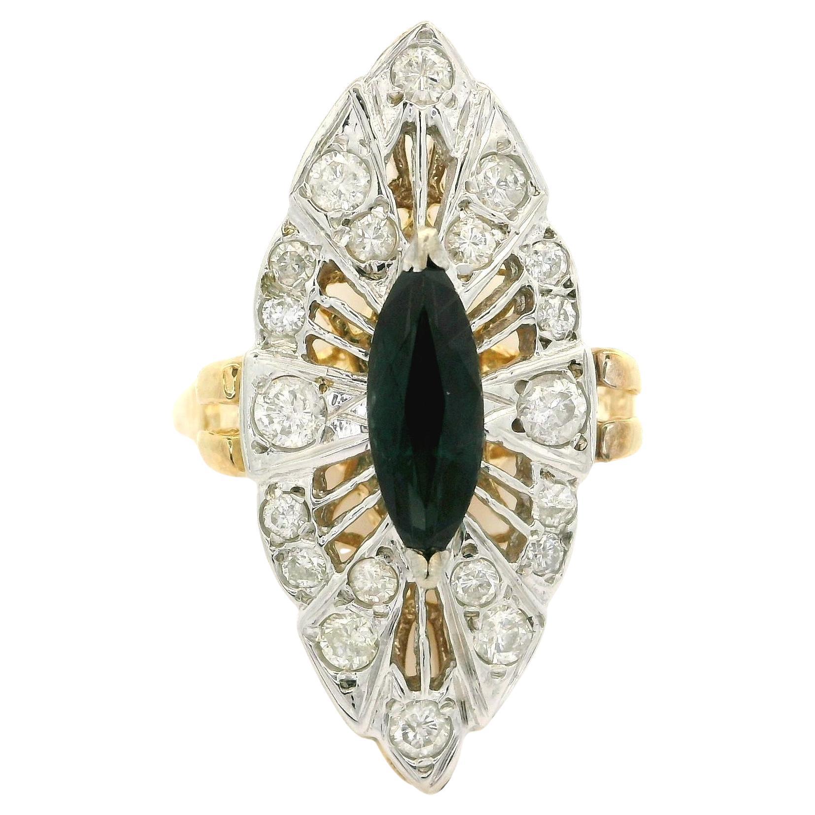 Anello vintage in oro 14k con zaffiro lungo taglio marquise e diamante navette da 0,50 carati in vendita