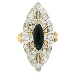 Vintage 14k Gold Long Marquise Cut Sapphire w / .50ct Diamond Navette Ring
