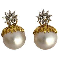 Vintage 14k Gold Mabe Pearl Diamond Earrings