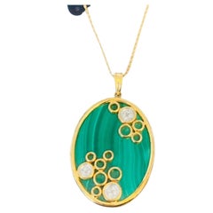 Pendentif vintage en or 14 carats avec malachite et diamants