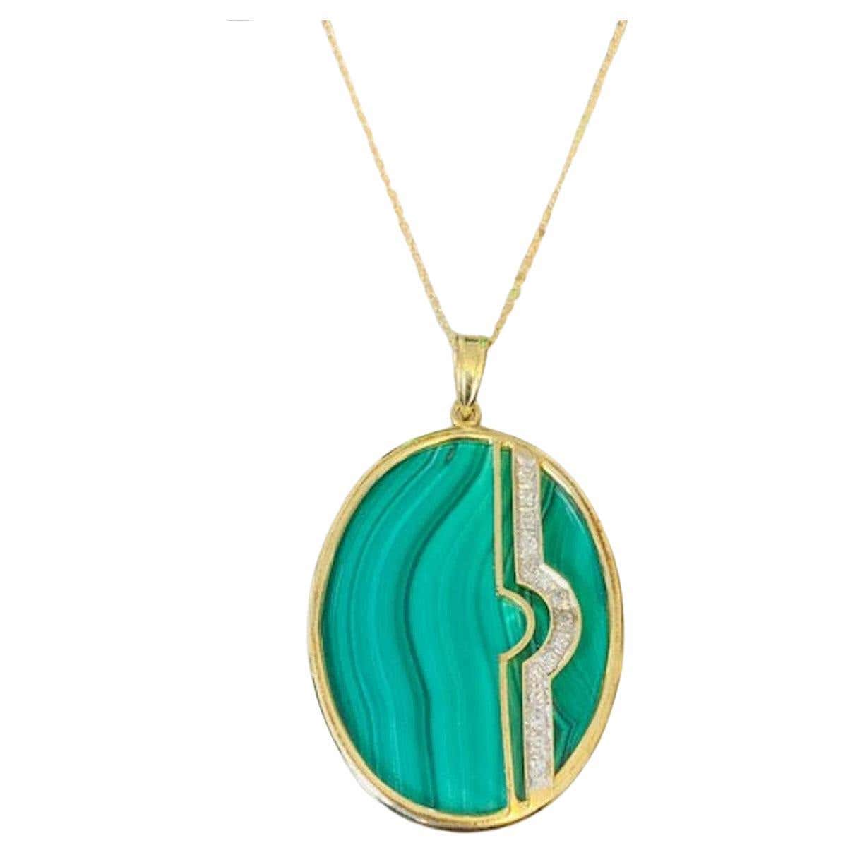 Vintage 14k Gold Malachite and Diamond Pendant For Sale at 1stDibs