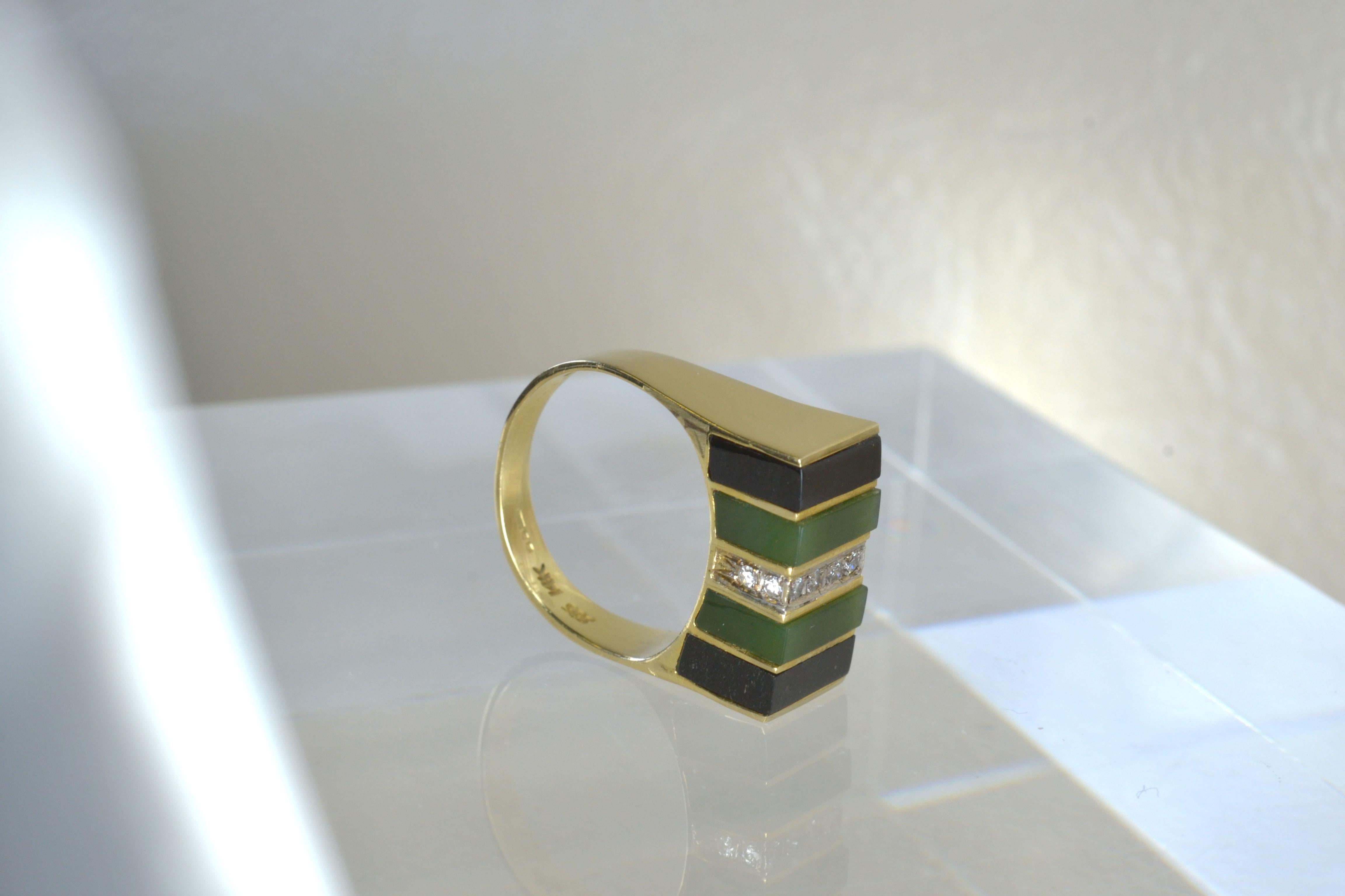 14k Gold Malachit und Onyx gestreifter Ring mit Diamanten, Einzigartig (Modernistisch) im Angebot