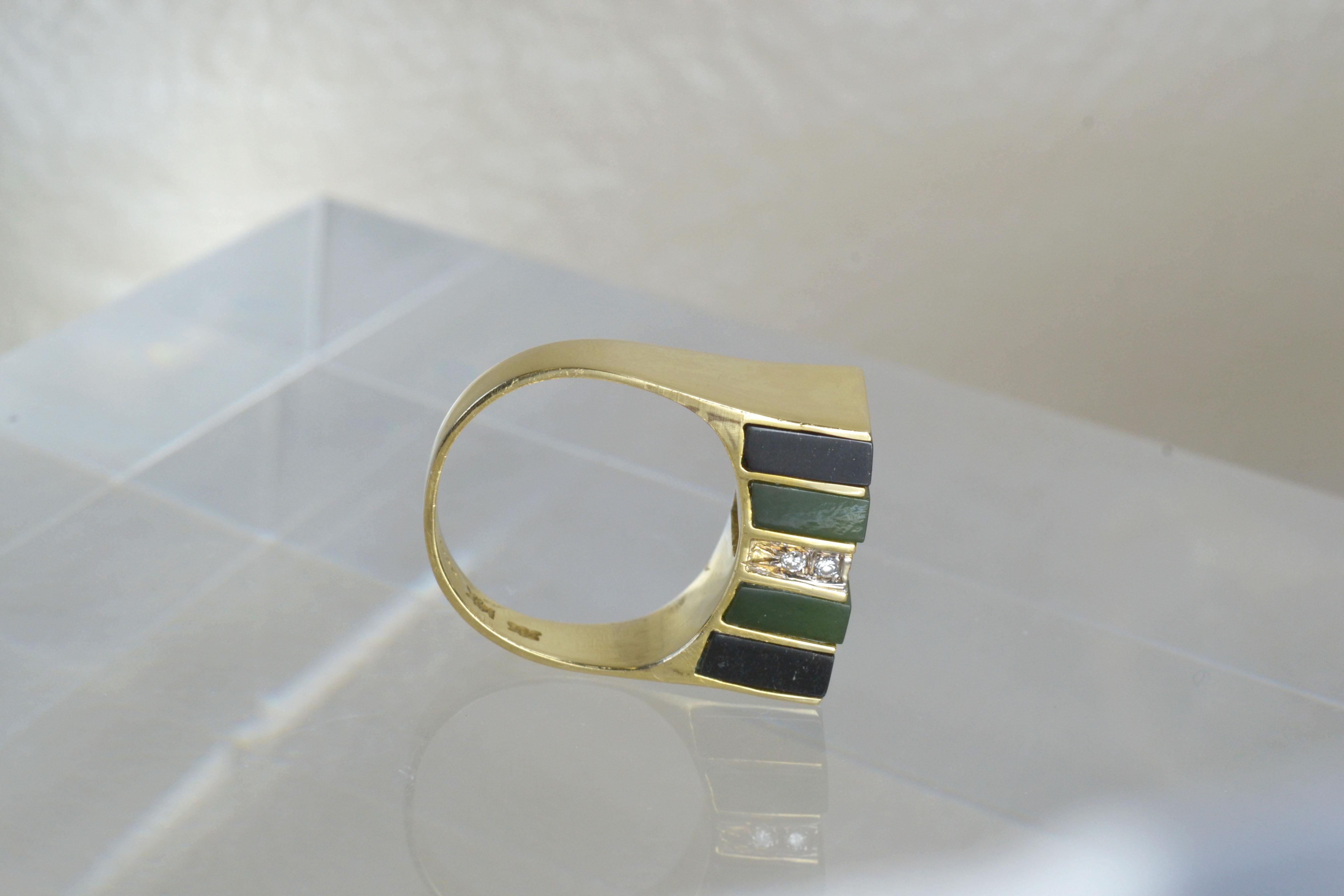 Modernist Vintage 14k Gold Malachite and Onyx Striped Ring with Diamonds, One-of-a-kind For Sale