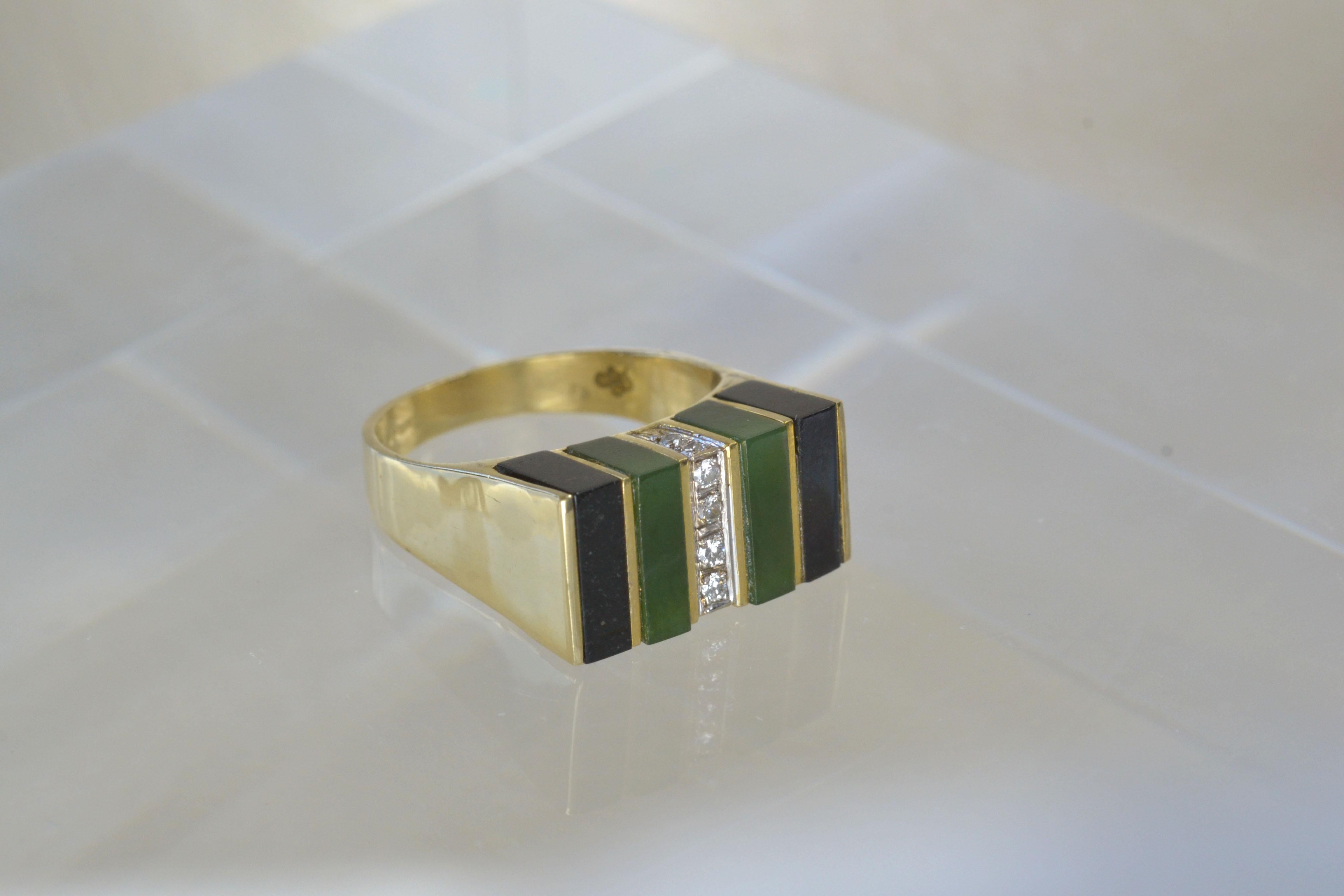 Mixed Cut Vintage 14k Gold Malachite and Onyx Striped Ring with Diamonds, One-of-a-kind For Sale