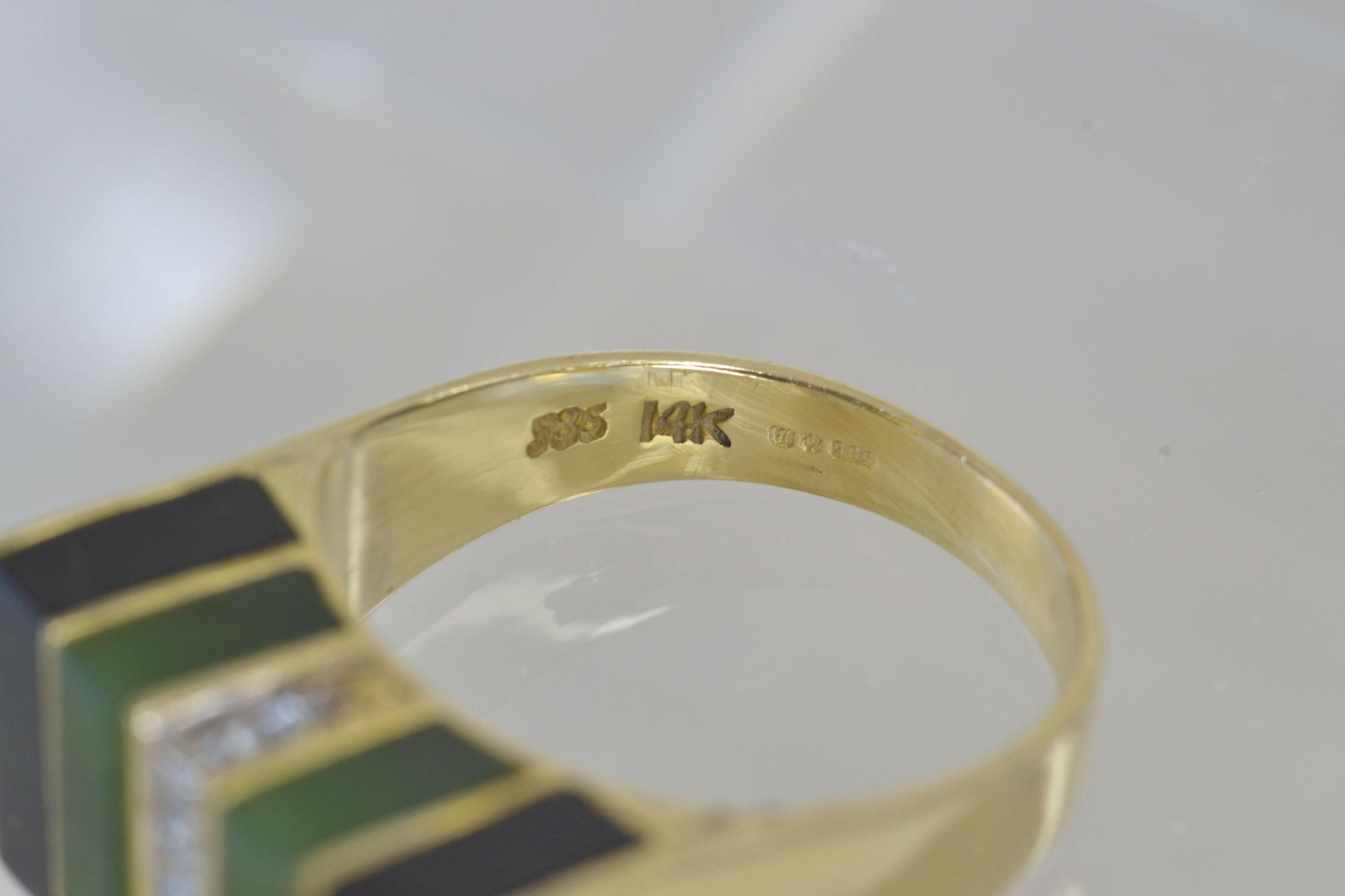14k Gold Malachit und Onyx gestreifter Ring mit Diamanten, Einzigartig im Angebot 1