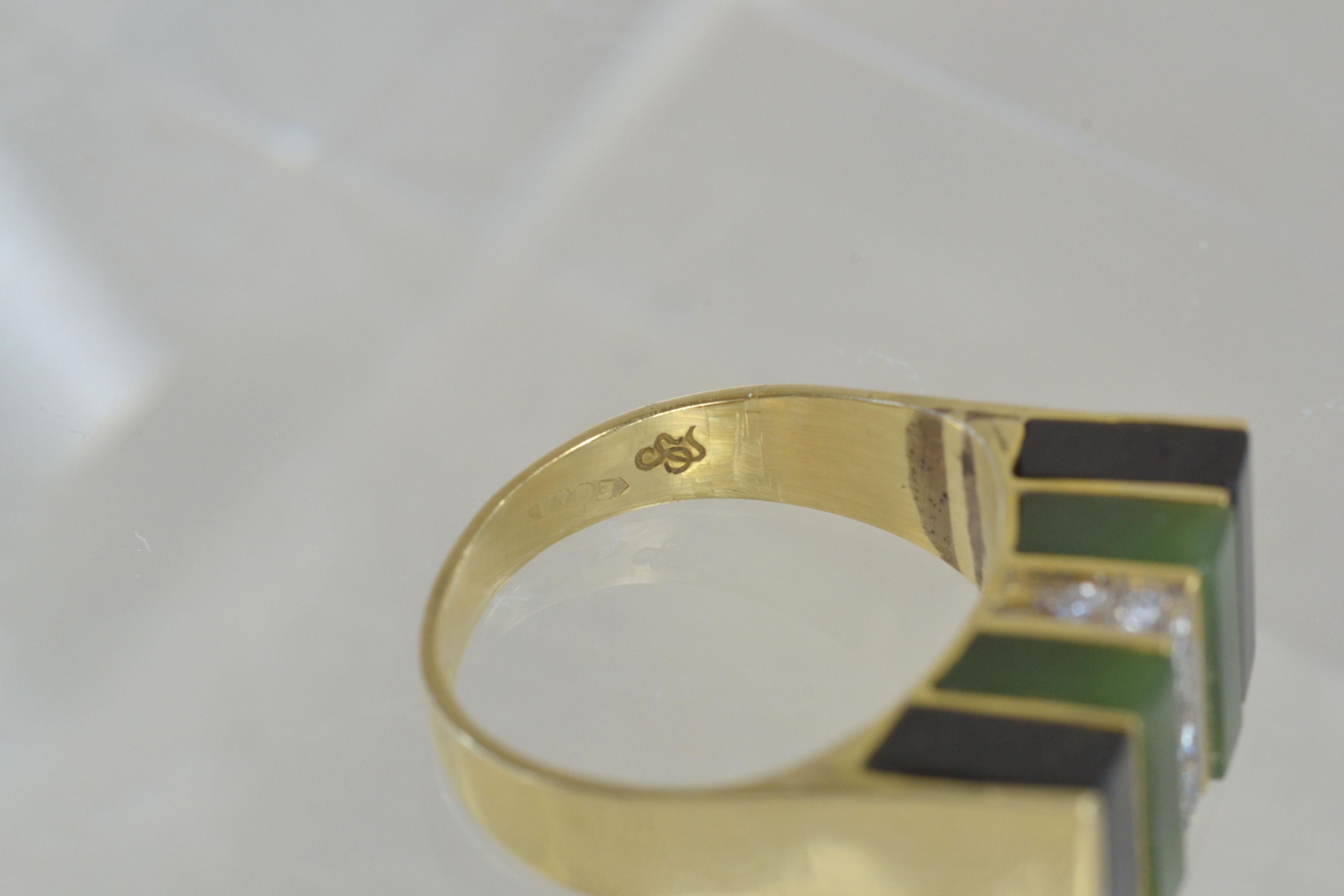 Vintage 14k Gold Malachite and Onyx Striped Ring with Diamonds, One-of-a-kind For Sale 1
